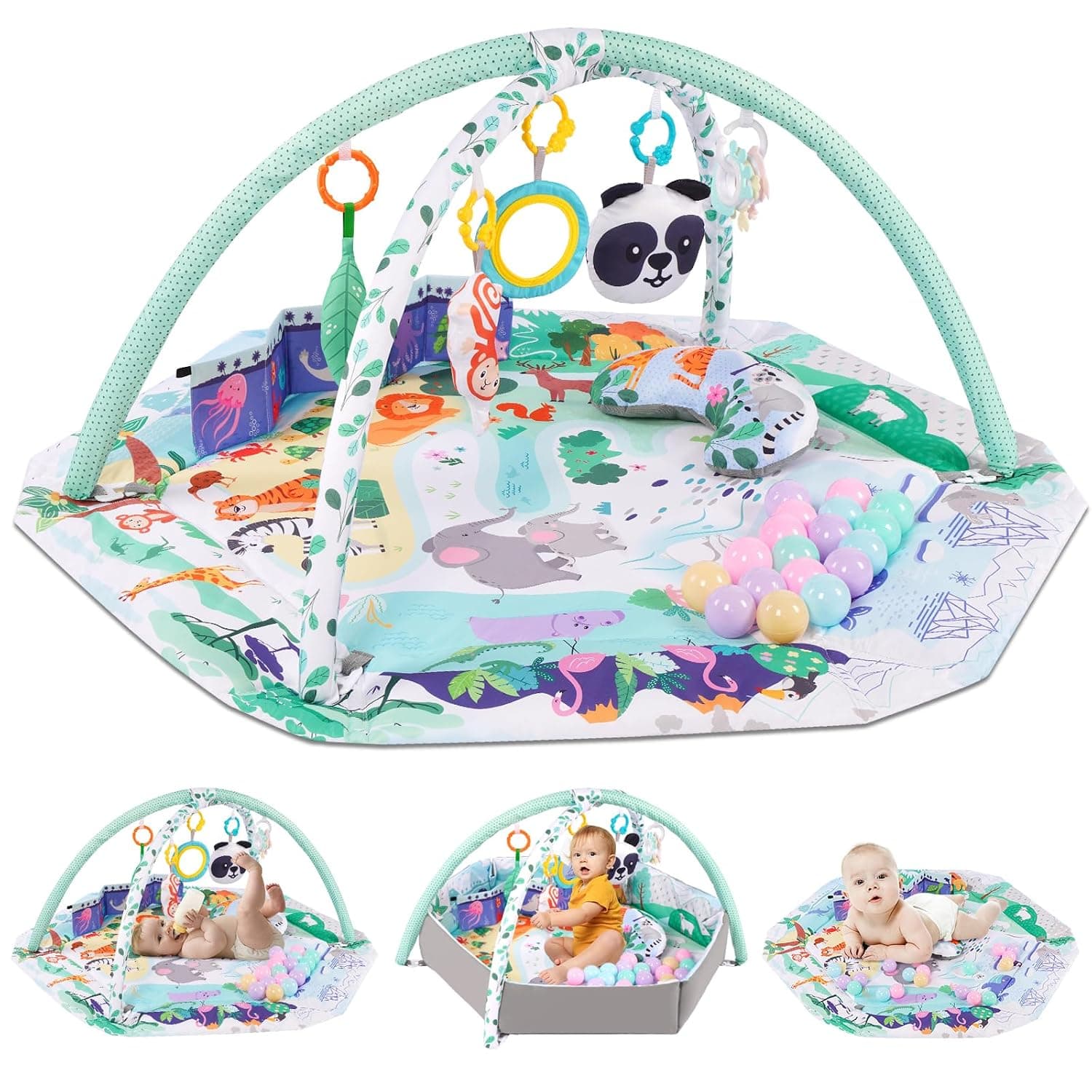 Baby Gym Play Mat, 8-in-1 Tummy Time Mat with Ball Pit & Detachable Toys for Newborns Infant 0-3-6-9-12 Months, Washable Play Activity Mat for Floor, Baby Essentials Gift