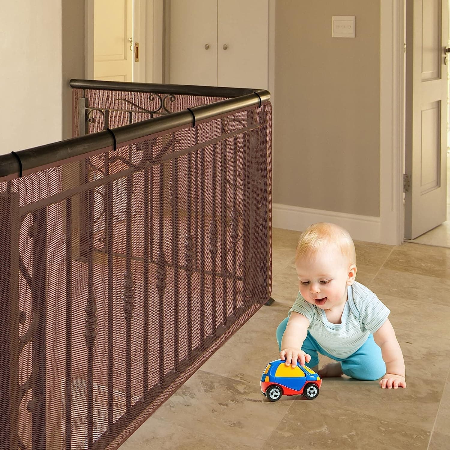 Child Safety Net 2 Sets, Durable Banister Guard for Baby Safety Stairs Railing Balcony Cribs, Banister Stair Mesh Baby Proofing, Easy to Install Stair Netting for Kids, Pets, Toys (Brown, 3 x 0.79 M))