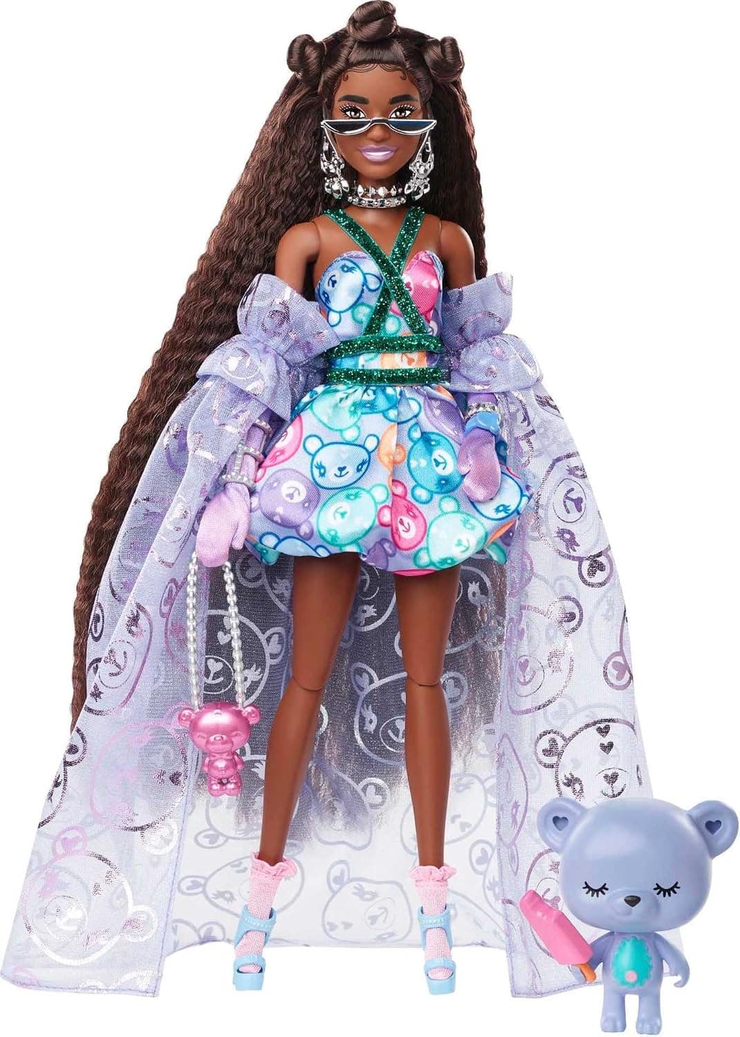 Barbie Extra Fancy Doll in Teddy-Print Gown with Sheer Train, Teddy Bear Pet, Extra-Long Hair & Accessories, Flexible Joints, Toy for 3 Year Olds & Up
