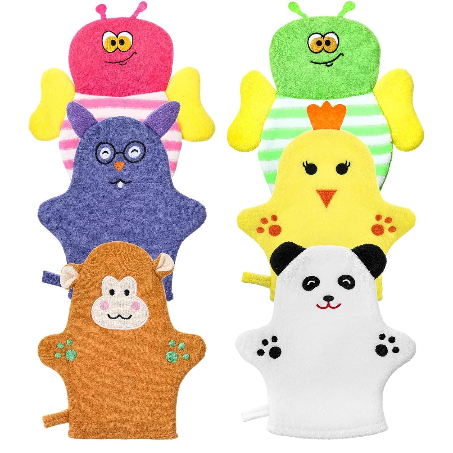6 Pcs Baby Bath Mitt Washcloths, Gentle Exfoliating Gloves with Animal Patterns, Soft Scrub Towel for Toddler Bathing, Infant Wash Gloves and Body Scrubber