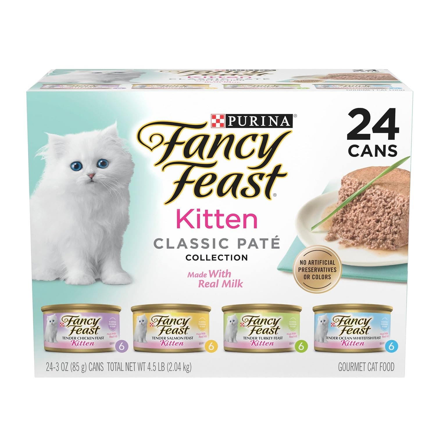 Fancy Feast Purina Grain Free Pate Wet Kitten Food Variety Pack, Kitten Classic Pate Collection, 4 flavors with 6 each, 3 oz. Boxes, Total 24 Count (Pack of 1)