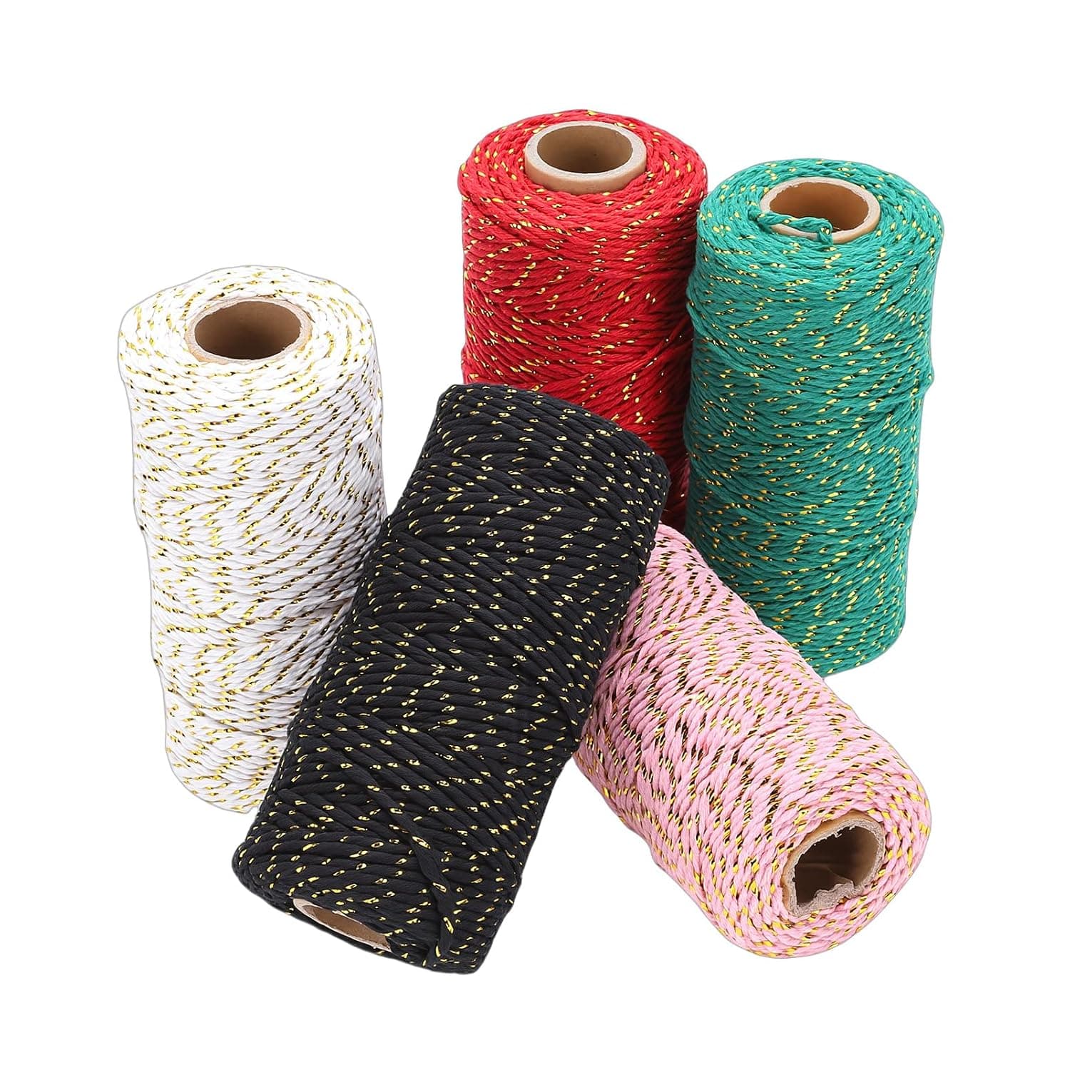 Srliya 5pcs Colored Cotton Bakers Twine with Gold Wire 2mm Xmas Twine String for Baking Gift Wrapping