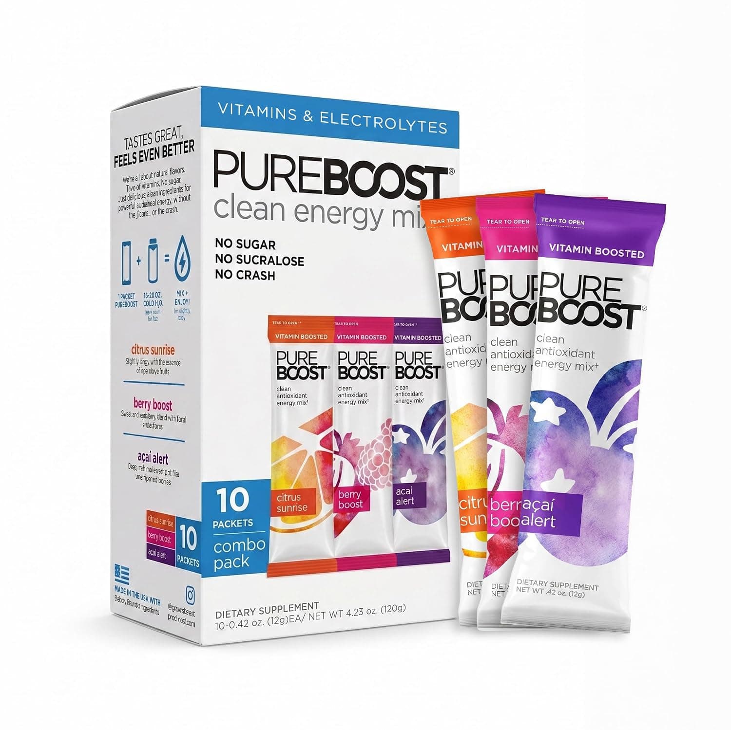 Pureboost Sugar-Free Clean Energy Booster Drink Mix, Combo Pack 10ct | Citrus, Berry & Acai. B12 vitamins, low sodium electrolytes & antioxidants. 25 vitamins and minerals. No sucralose.