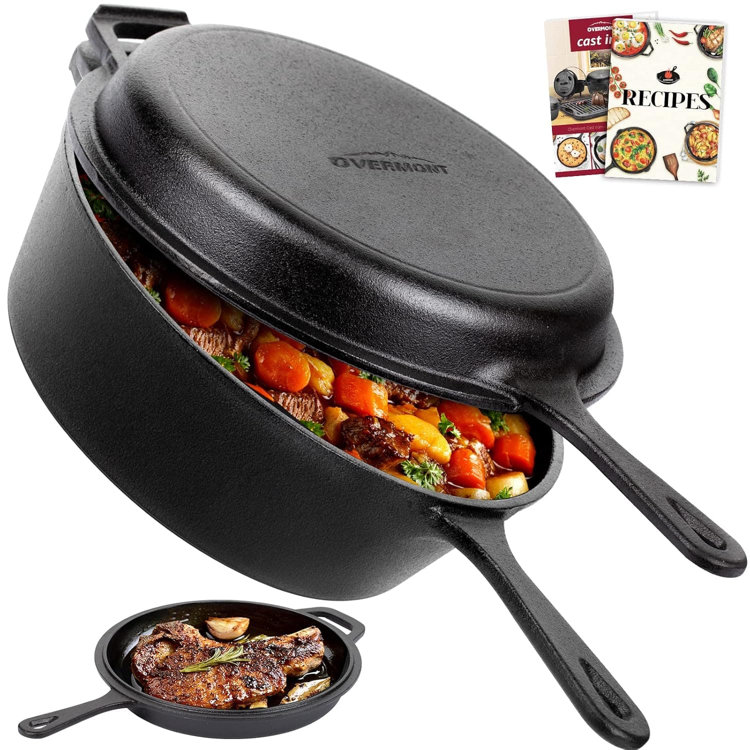 Overmont Cast Iron Dutch Oven with dual use Skillet lid for Oven, Induction, Electric, Grill, Stovetop, (3.2QT Pot, 10.5 inches) | 10.5" Cast Iron Skillet with Frying Pan, Pre-seasoned Dutch Oven Multi Cooker, Oven Safe Cookware for Grill Camping Stewing
