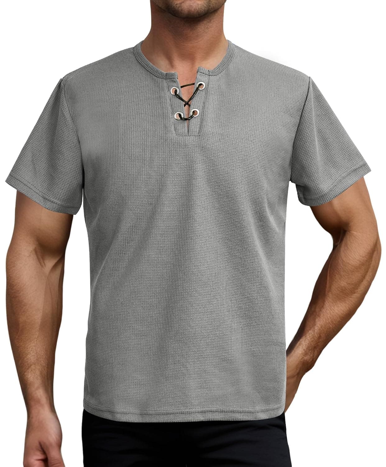SEAUR Mens Casual Henley Shirts Short Sleeve Waffle Solid Knitted Lace-Up Design Fashion Loose Fit V Neck T Shirt