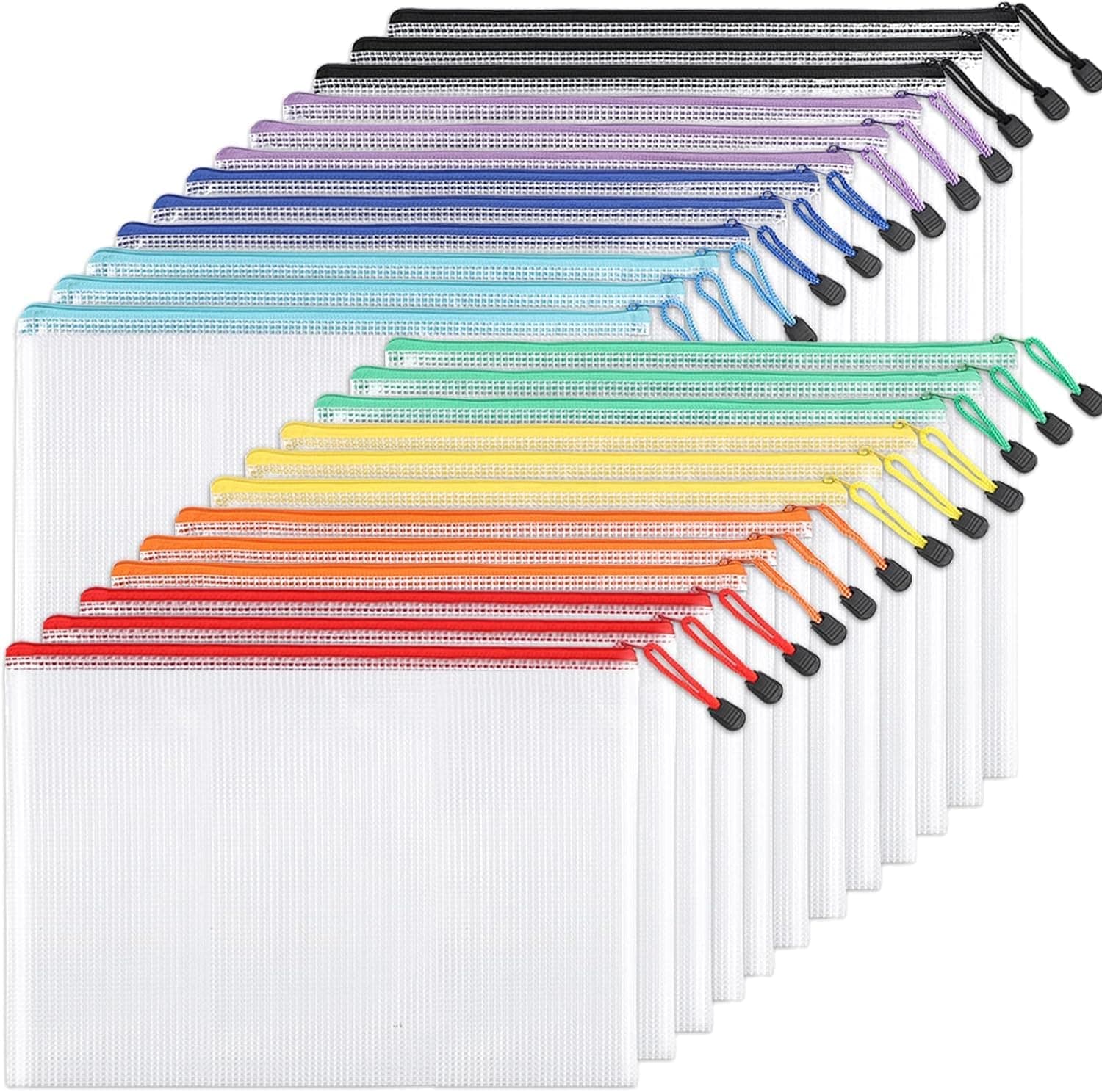 ECVV 12 Pieces A4 Plastic Zipper File Bags - Mesh Zipper Pouch Document Bag - A4 Zipper File Bags for School & Office Supplies | Assorted