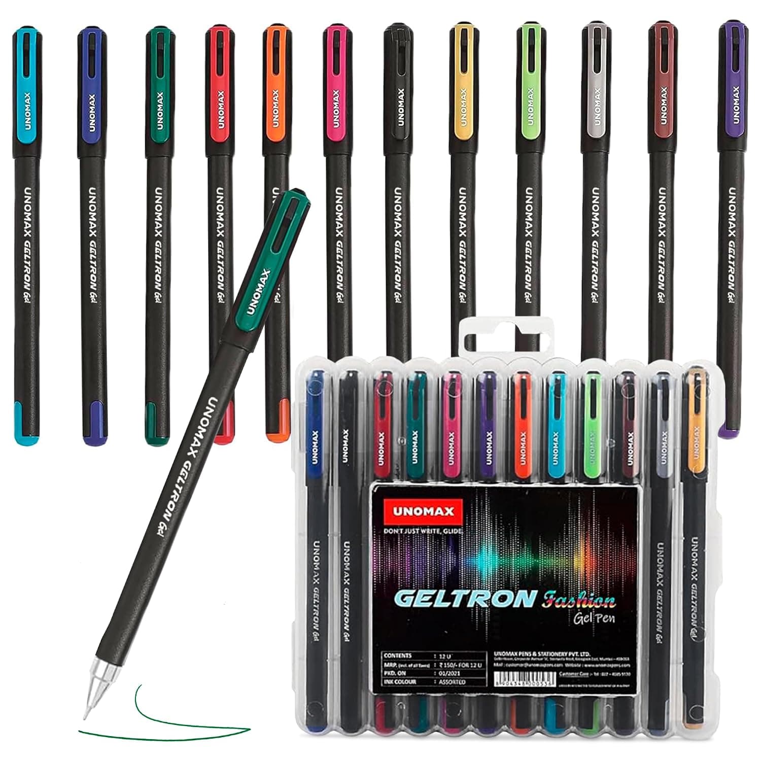Unomax Geltron Fashion Gel Pen - Pack of 12, Assorted Colours