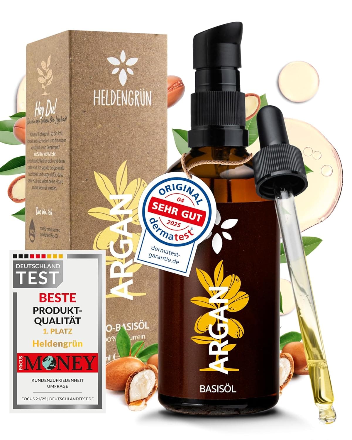 Heldengrün Organic Argan Oil [100% Natural] - Dermatologically Tested - Gentle Care for Dry & Sensitive Skin - Argan Oil Cold Pressed