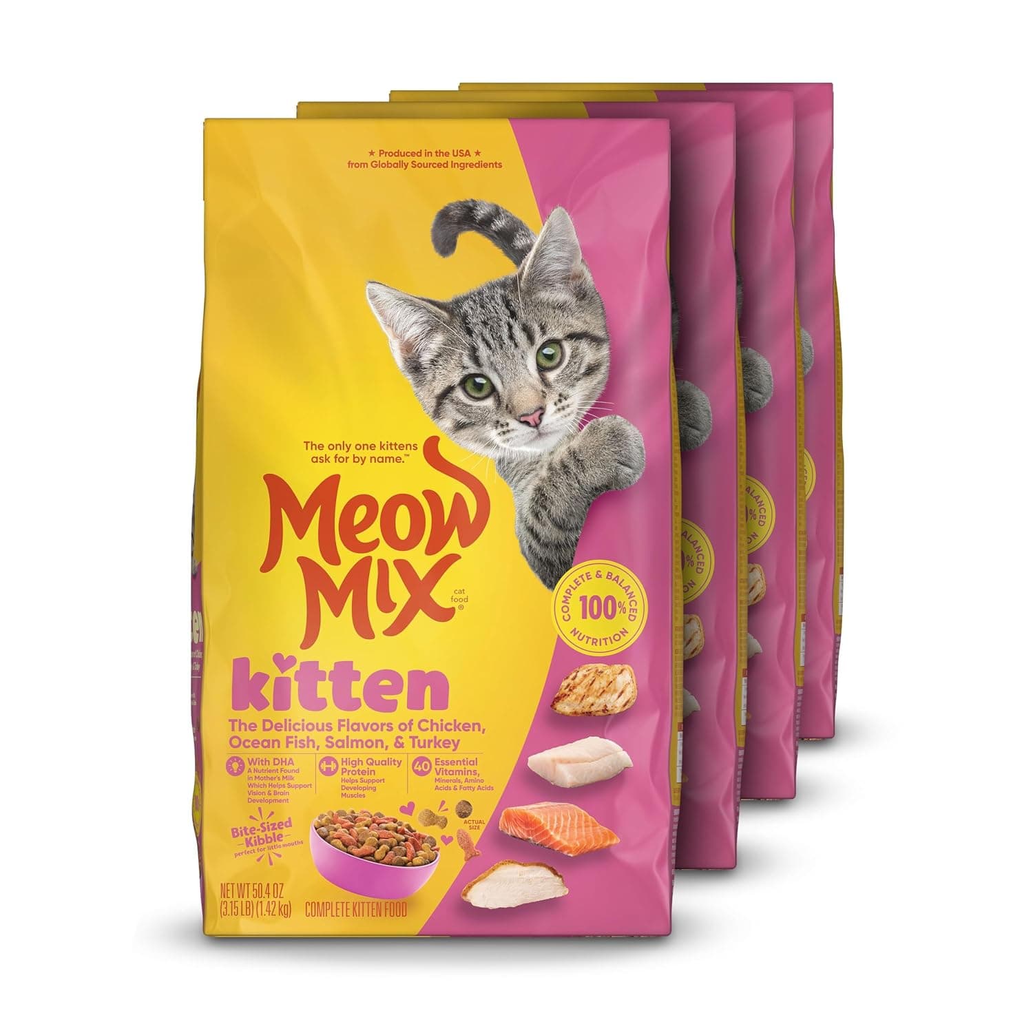 Meow Mix Kitten Li’l Nibbles Dry Cat Food for Kittens, 4 Bags | 3.15 lb. bags, delicious flavors of chicken, ocean fish, salmon and turkey, provides complete and balanced nutrition