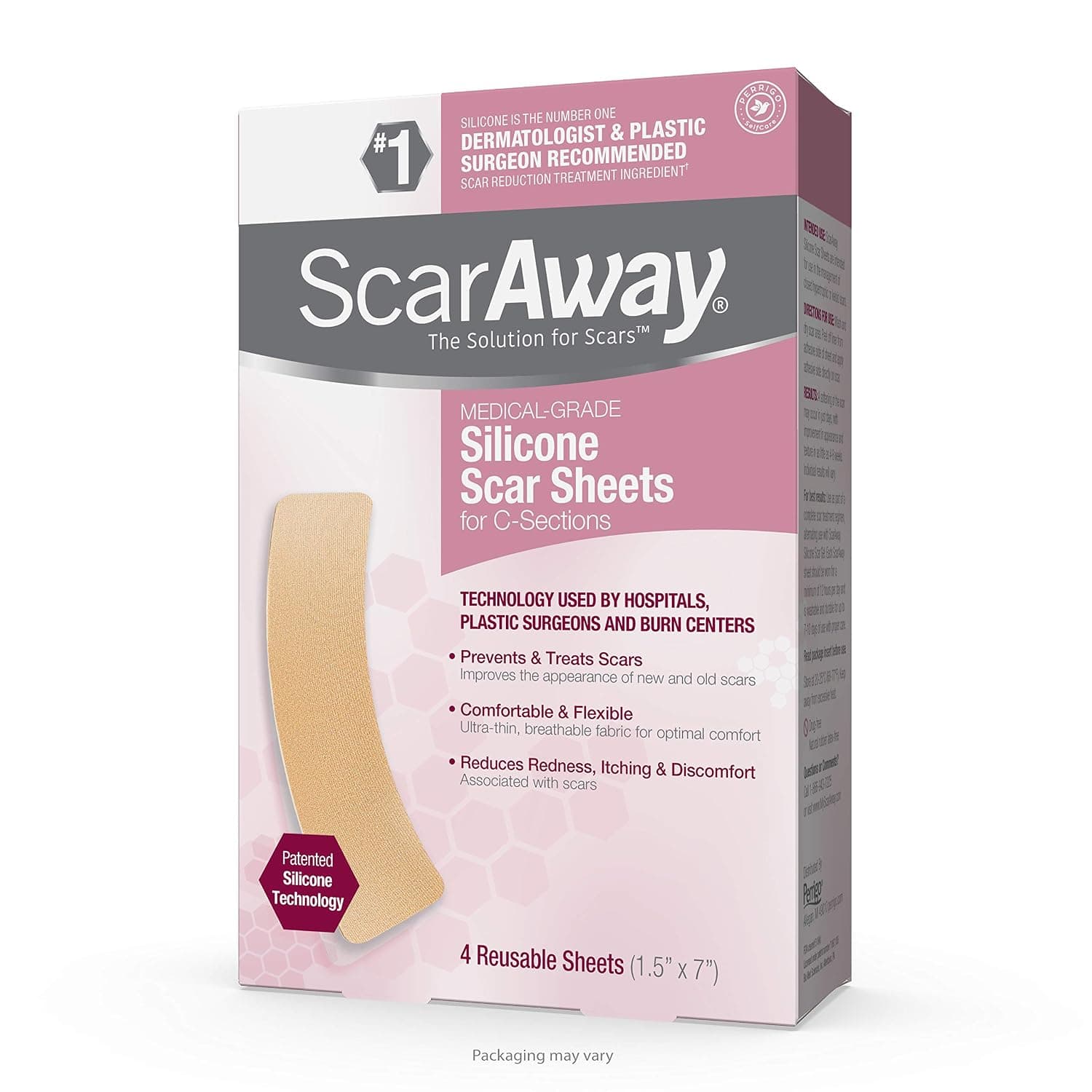 ScarAway Advanced Skincare Silicone Scar Sheets for C-Sections, Reusable Sheets (1.5â€ x 7â€) for Hypertrophic and Keloid Scars from Injury, Burn, Surgery and more