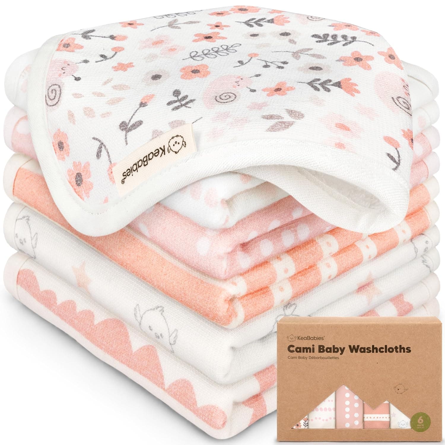 KeaBabies 6-Pack Cami Baby Washcloths, Ultra Soft Absorbent Baby Wash Cloth Set for Bath Time, Feeding & Daily Care, Sweet Charm | 10x10, Soft Wash Cloths for Babies, Infant, Kids, Toddler Towels for Boy, Girl, Absorbent Face Cloths, Scratch-Free Baby Rags