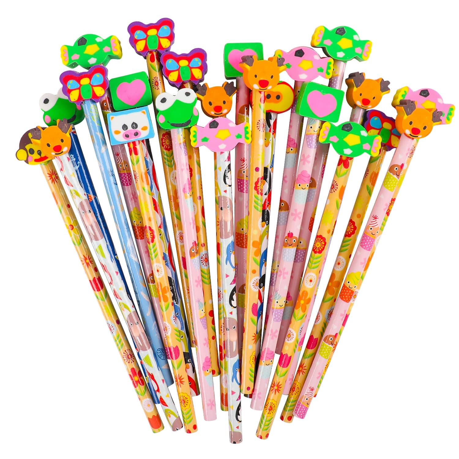 LOKIPA 24PCS Fun Pencils, Assorted Colorful Cartoon Animal Pencil with Erasers Toppers Bulk Pencils for Kids School Supplies and Children Prize Gifts
