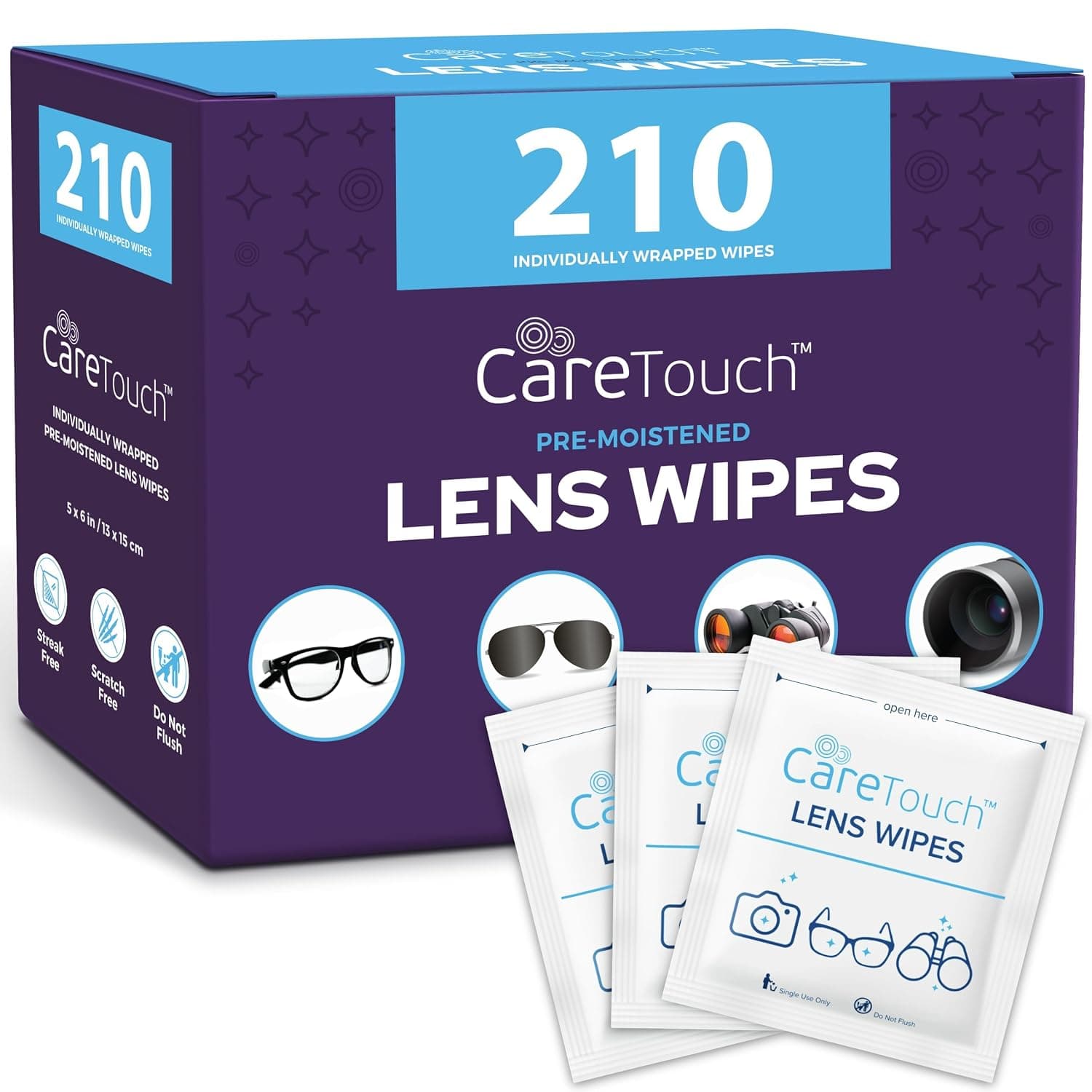 Care Touch Lens Wipes for Eyeglasses - 210 Individually Wrapped Pre-Moistened Wipes, 5x6 Inches - Cleaner for Glasses, Sunglasses, and Screens - Gentle and Portable for On-the-Go Cleaning of Devices