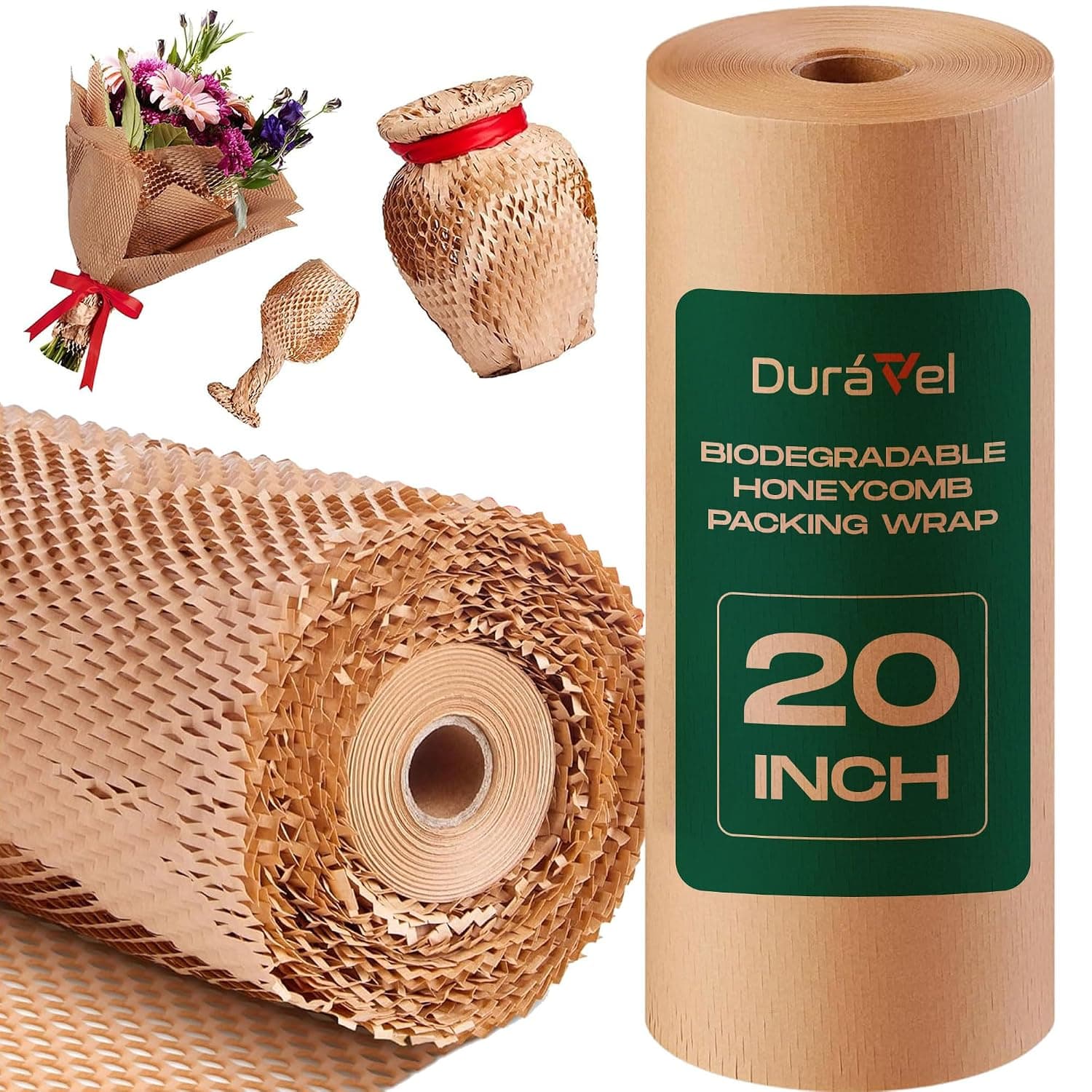 Duravel Honeycomb Cushioning Wrap Paper,Upgrade Perforated Kraft Packaging Paper Roll Eco-Friendly Easy to Dispense, for Moving Fragile Gifts Wrapping and Storing Items (30 METER, 20 INCH)