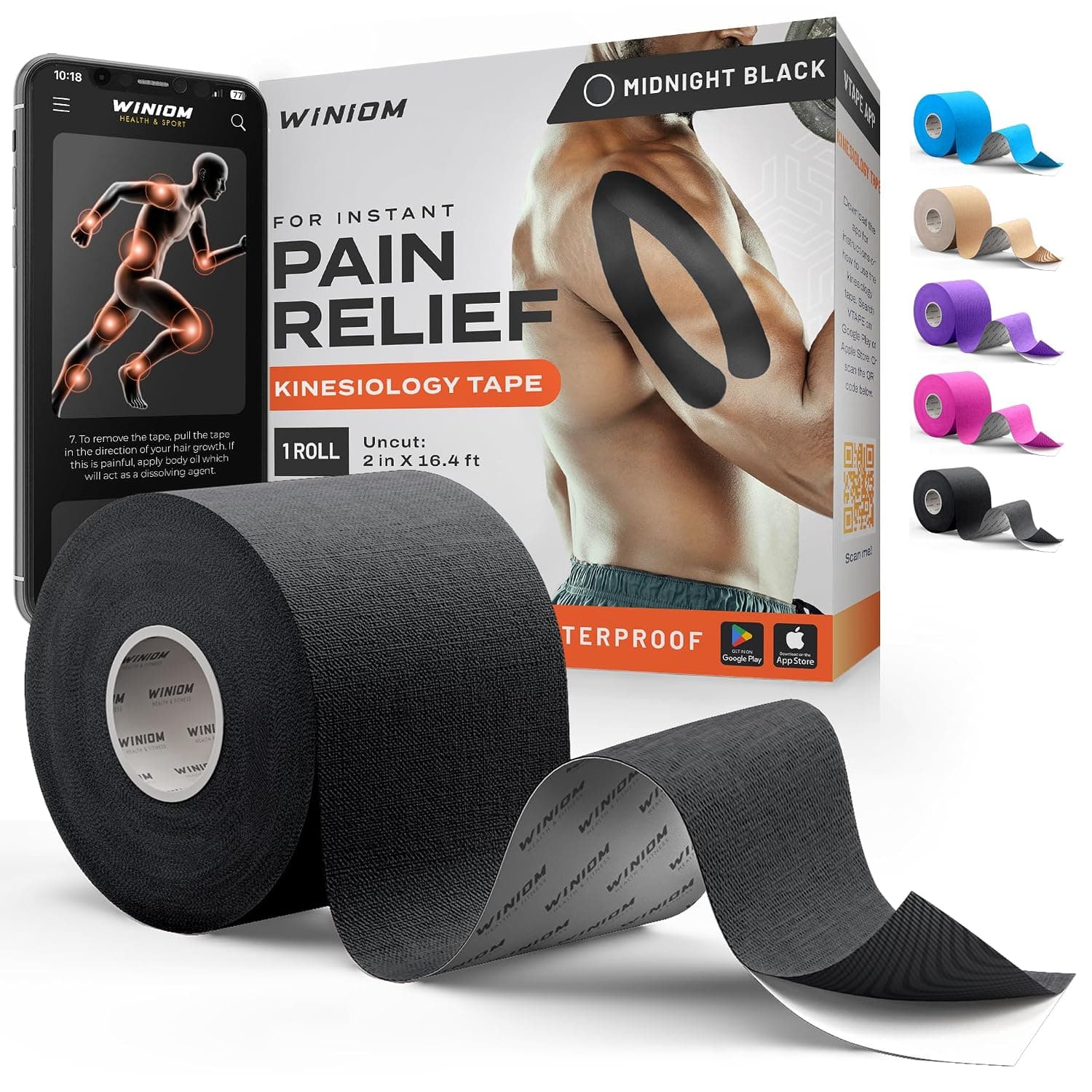 Kinesiology Tape - Amazing Support for Athletic Sports and Recovery + Free Bandage Guide - 16.4 Feet Uncut Roll (Midnight Black N, 1 Pack)
