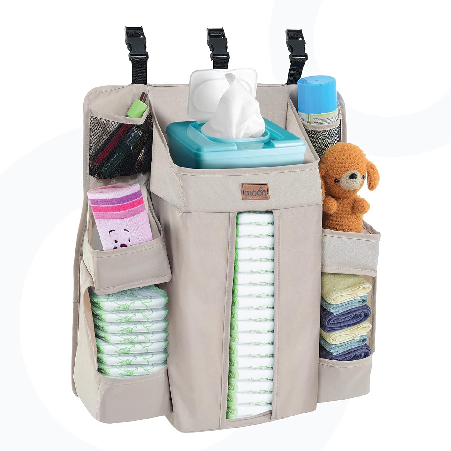 The Moon Brand Crib Organizer and Baby Diaper Caddy Portable Hanging MultiStorage Organizer for Baby Essentials - Hang on Crib, Changing Table or Wall, Easy to Fold - Beige