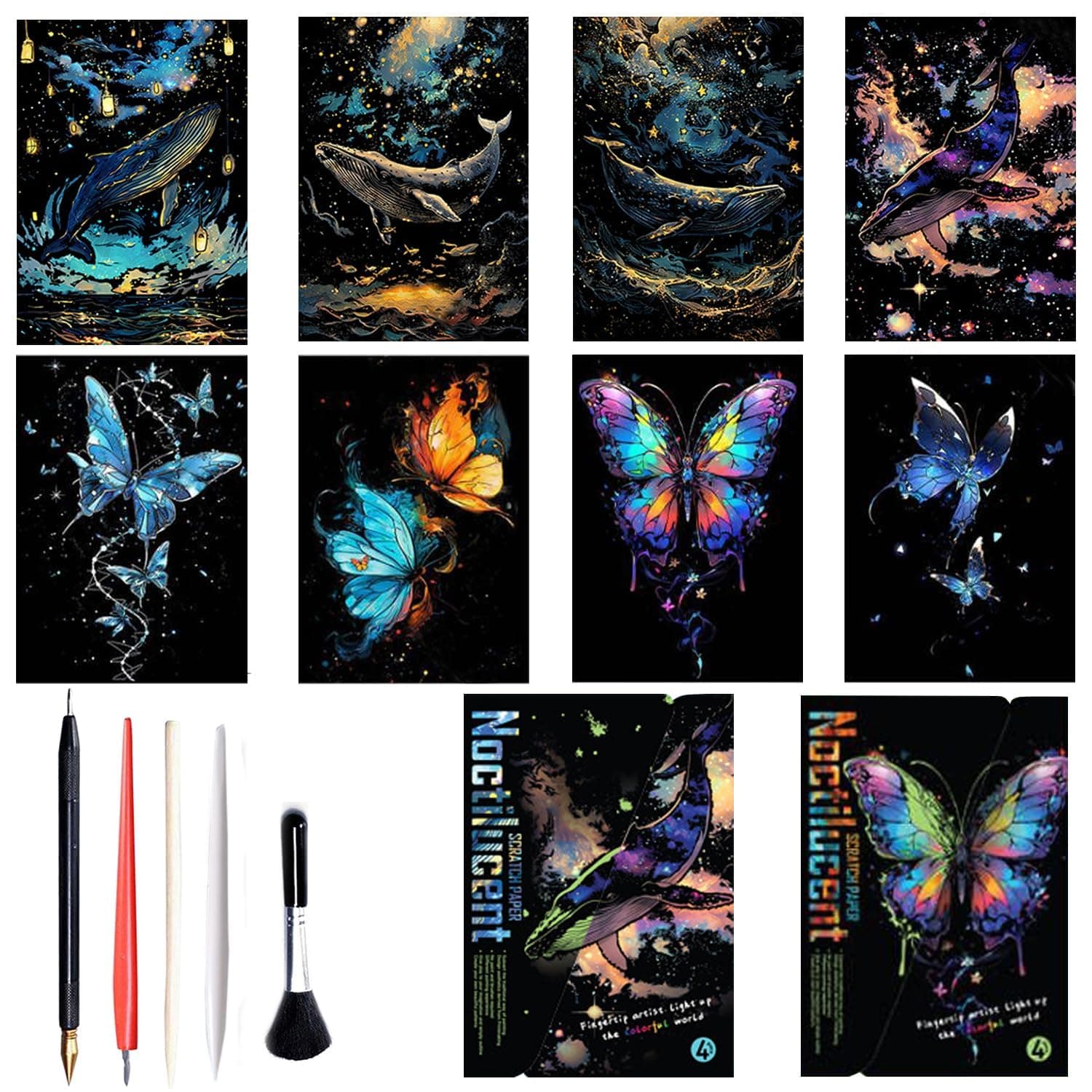 Scratch Paper Art Set for Kids Adults, Scratch Painting Rainbow Paper Set, DIY Magic Scratch Art Paper, Magic Rainbow Painting Boards with Scratching Tools Kit (Glow in The Dark Butterfly + Whale)