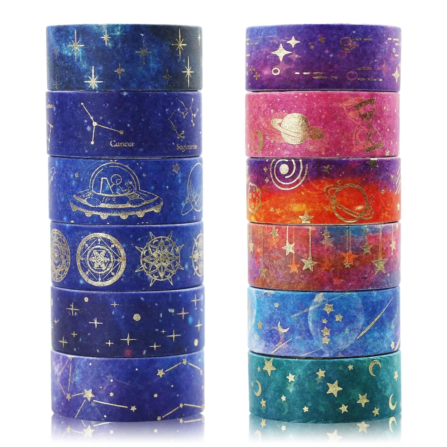 12 Rolls Washi Tape Set, Galaxy Purple Washi Tape Decorative Masking Tape Pastel Scrapbook Tape Aesthetic Gold Foil Washi Tape Stickers for DIY, Arts Craft, Gift Wrapping Decoration"
