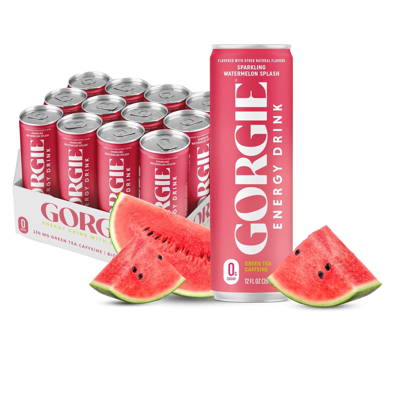 GORGIE Watermelon Splash Sugar Free Energy Drink, Green Tea, 12 Pack | 150mg Green Tea Caffeine, Biotin, B6 & B12 Vitamins, L-Theanine, Low Calories, Vegan, Sparkling, Coffee Replacement