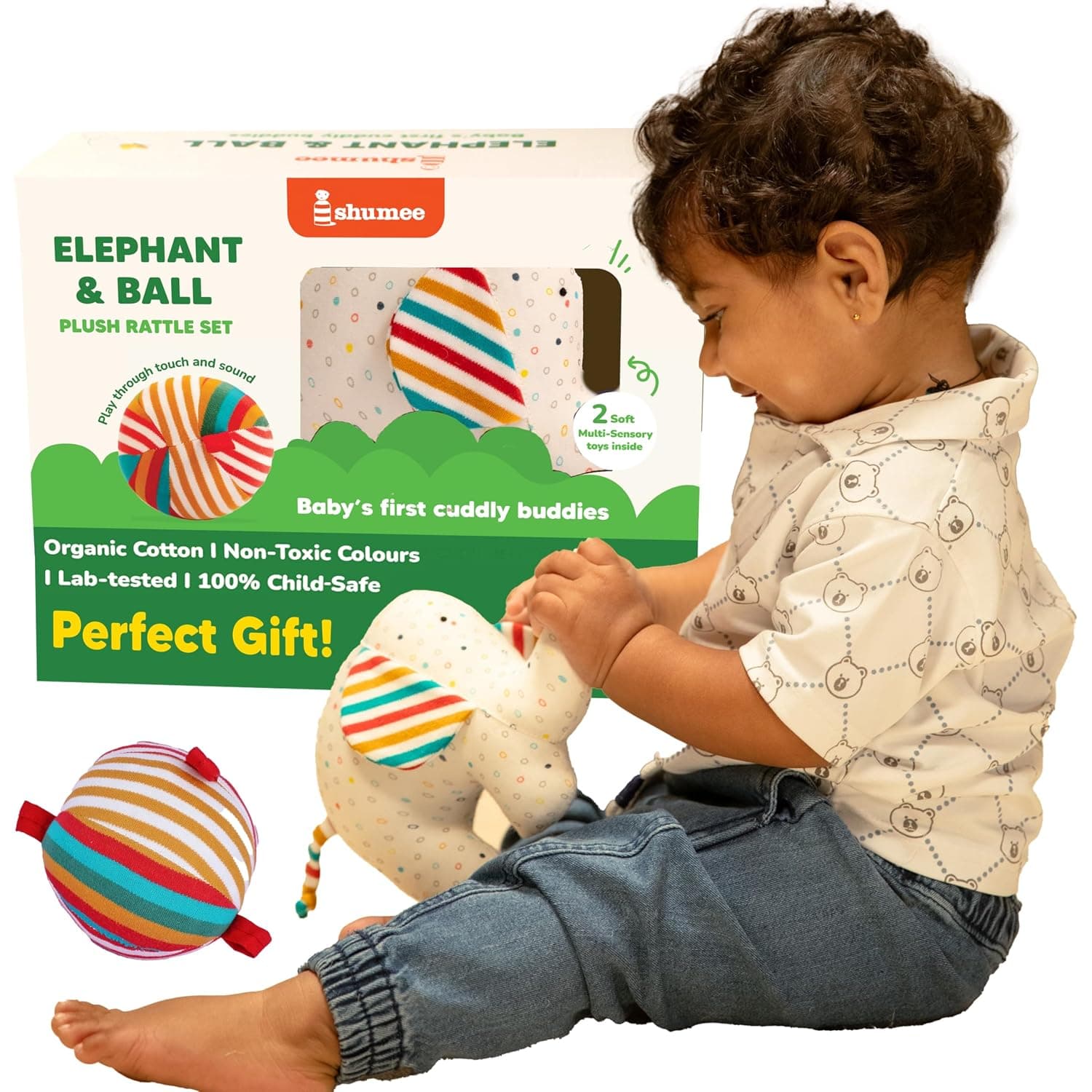 Shumee Elephant Cute Stuffed Animal Plush Toy + Fabric Plush Stuffed Ball Toy | Soft Huggable & Plush Toy | Plushies For Babies|Birthday Baby Shower Gifts for Kids, Babies, Toddlers |Baby Shower Gifts