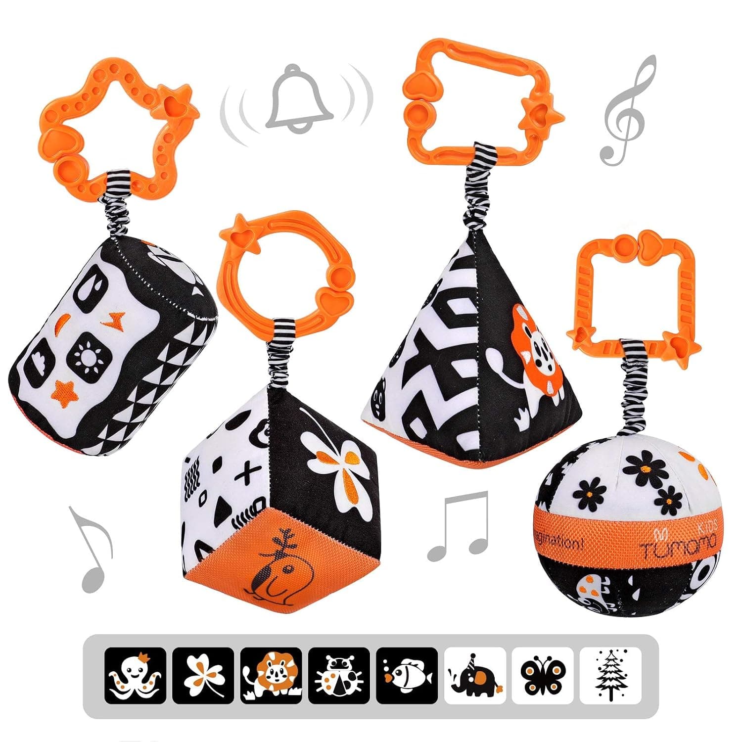 TUMAMA High Contrast Shapes Sets Baby Toys, Black and White Stroller Toy for Car Seat Baby Plush Rattles Rings Hanging Toy for 0 3 6 9 to 12 Months, Newborn,Toddlers,Infants (4 Packs)
