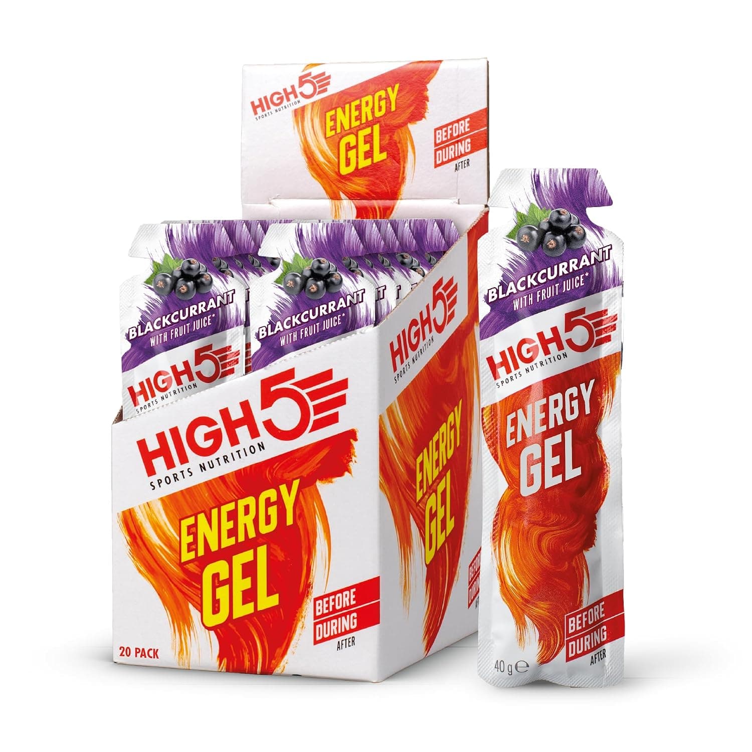 HIGH5 Energy Gel with Natural Fruit Juice, Blackcurrant, 20 x 40 g | Energy gel in a quick open portion bag for on the go.