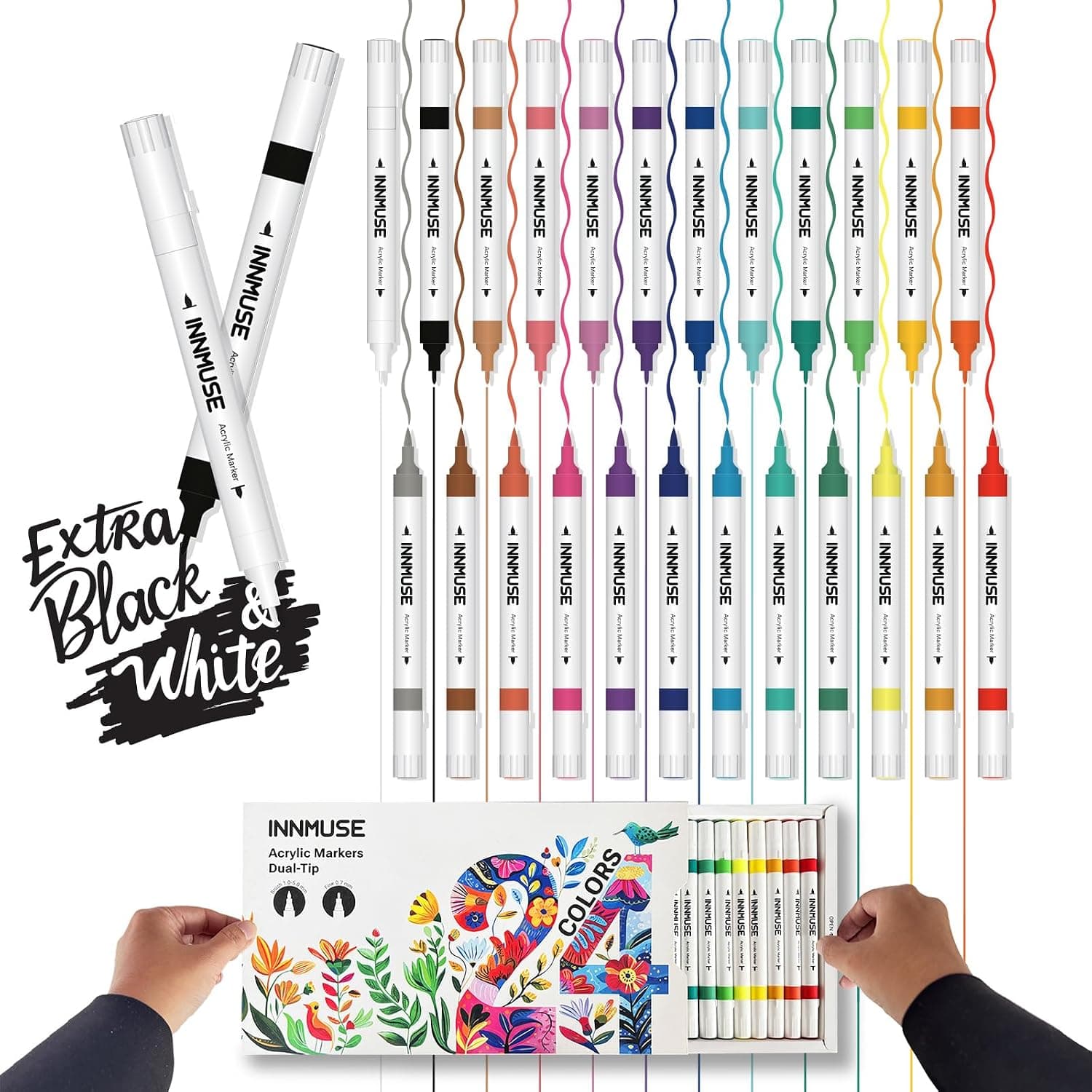 24-Color Dual Tip Acrylic Markers Includes Extra White & Black, 0.7mm Extra Fine, Brush Tip, Non-Toxic, Odorless Permanent Paint Markers for Rock, Fabric, DIY Art & Craft Supplies