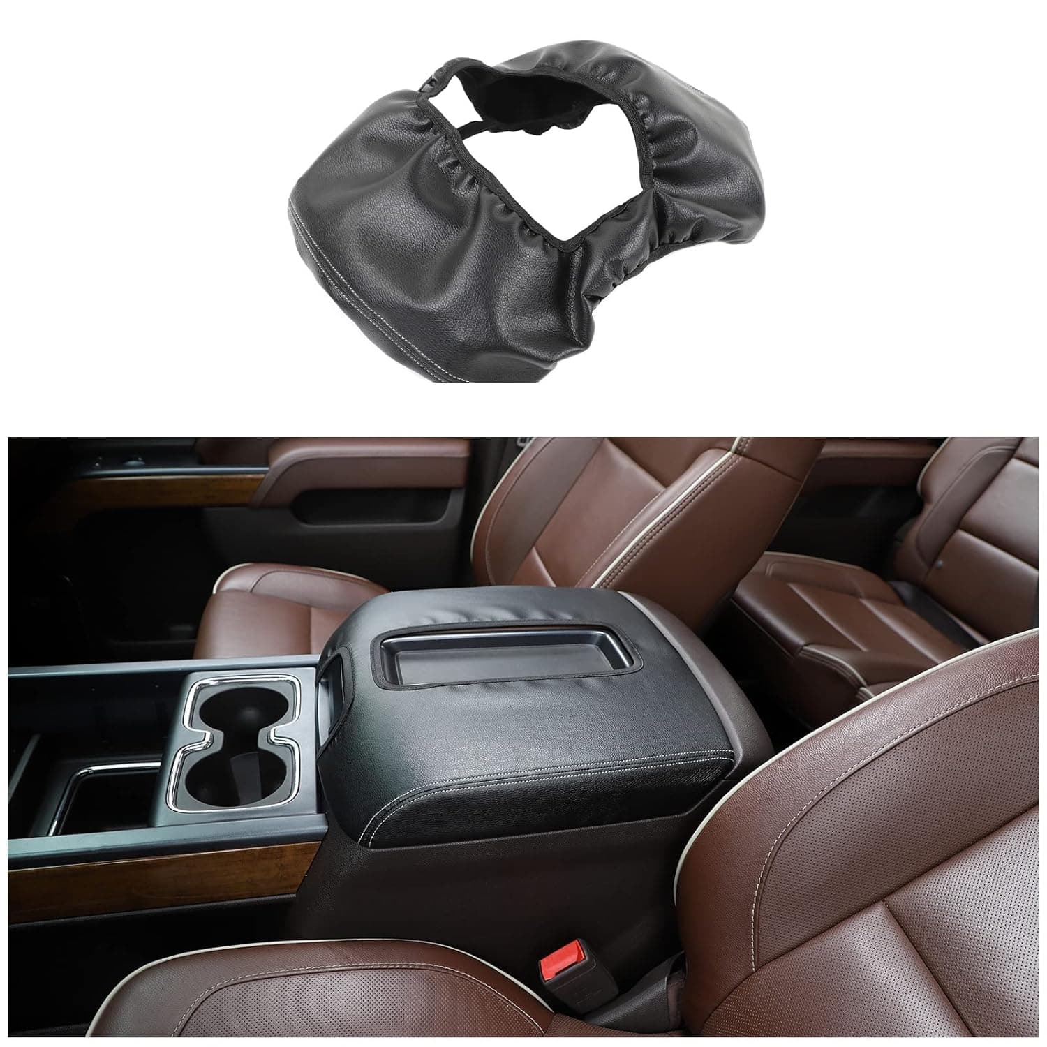 CheroCar for Chevy Silverado Center Console Armrest Pad Cover Interior Accessories for Chevrolet Silverado 2014-2017 (Leather)