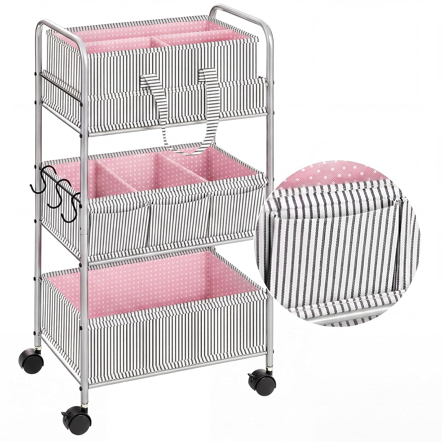 WILLBOND 2in1 Baby Diaper Caddy Organizer Cart, 3 Tier Large Capacity Metal Utility Bedside Rolling Cart with Divider for Newborn Registry Nursery Essential Must Have Gift Baby Shower Bedroom(Pink)