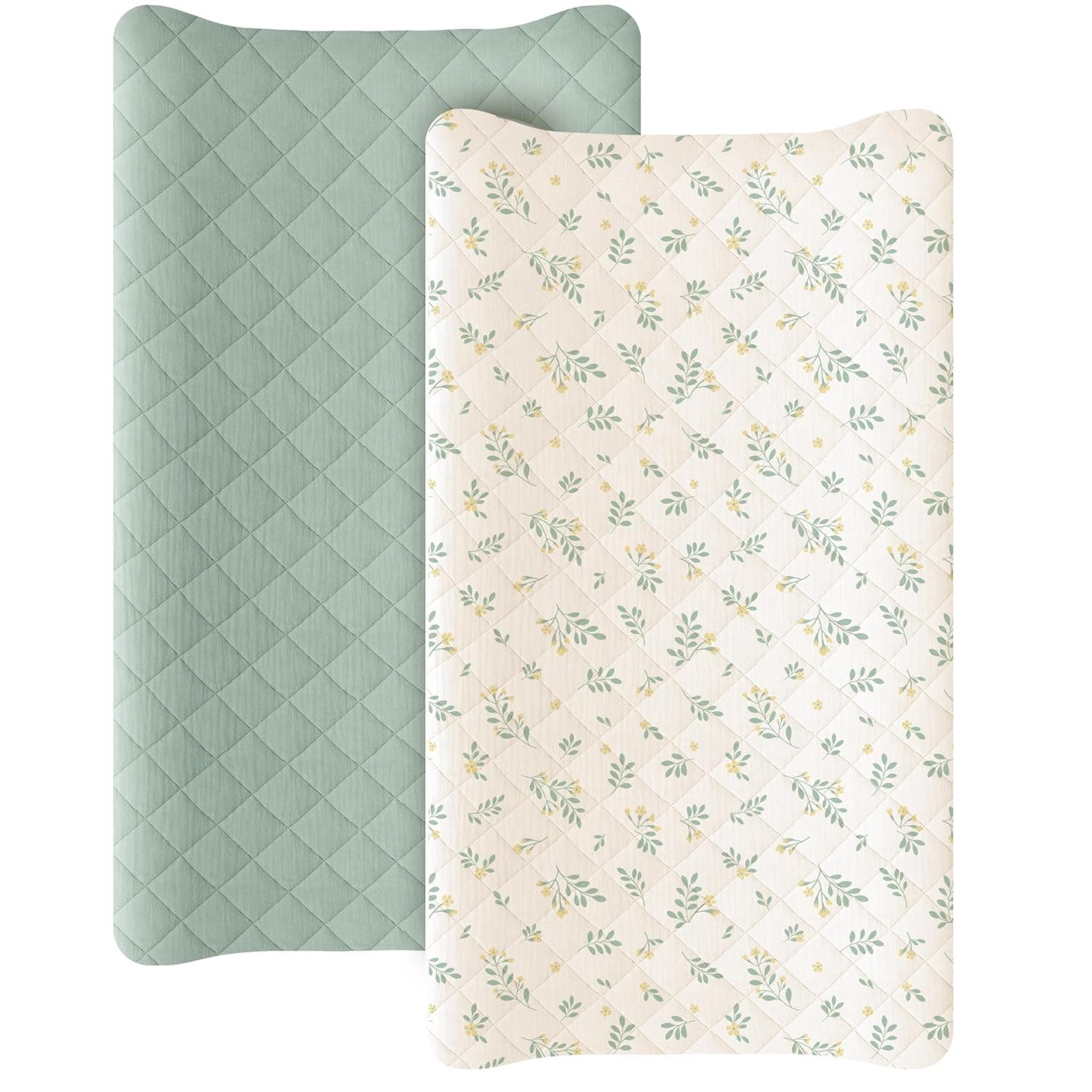 Konssy 2 Pack Quilted Muslin Changing Pad Cover, Waterproof Layer, 32"x16" | 100% Cotton Surface, Absorbent & Soft, Fitted Changing Table Sheets, Full Elastic Fit, for Baby Girls & Boys (Leafy,Green)