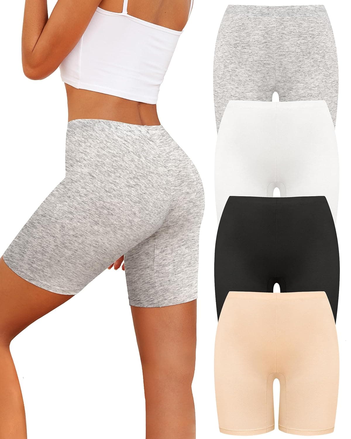 VOENXE Radlerhose Damen Kurz, Baumwolle Boxershorts Panties,Anti Scheuern Boyshorts Sporthose Leggings Frauen,Sport Shorts Bauchweg Blickdicht Hotpants Yoga,Unterhosen Unter Kleid Sommer, 4 Pack