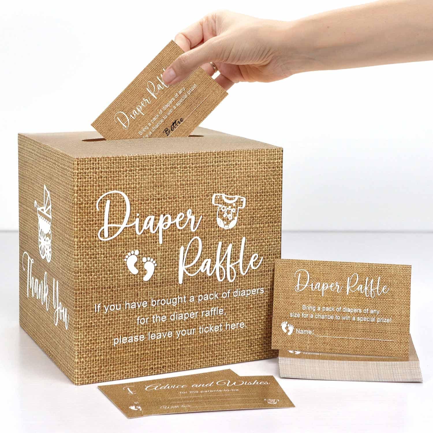 51Pcs Burlap Print Baby Shower Games Diaper Raffle Tickets with Box, Neutral Boho Baby Shower Diaper Raffle Cards Box Game Kit for Boy Girl