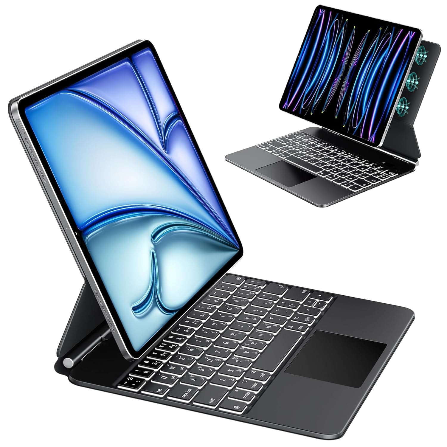 ايمبانج كيبورد ماجيك عربي وانجليزي لجهاز ابل ايباد اير 11 انش M3/M2 وايباد برو 11 انش الجيل الرابع/الثالث/الثاني/الاول، حافظة مغناطيسية ذكية بلوحة تحكم باللمس باضاءة خلفية قوس قزح وايباد اير الجيل الرابع والخامس، اسود