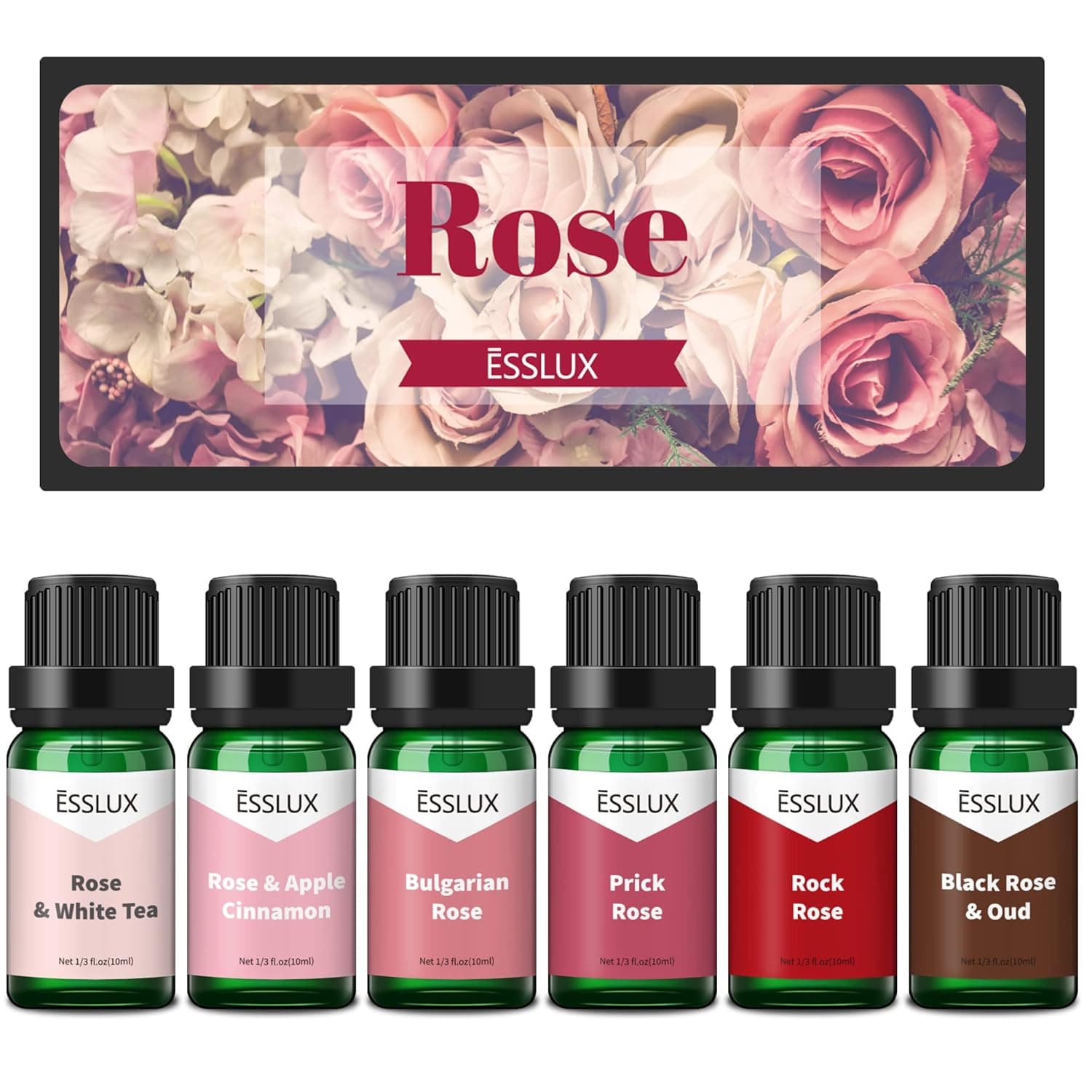 ESSLUX Rose Fragrance Oil, Floral Scented Oils for Home for Diffuser, Soap Candle Making Scents, Essential Oils Gift Set - Bulgarian Rose, Black Rose & Oud, Rock Rose and More