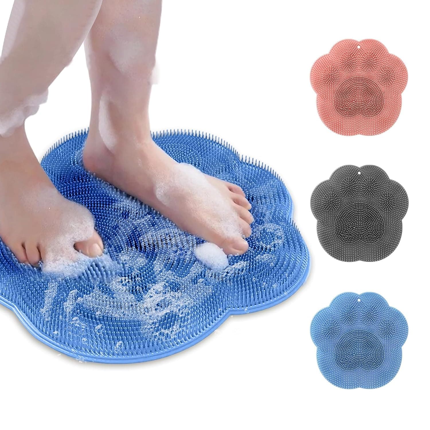 Shower Foot Scrubber Mat with Non-Slip Suction Cups, KASTWAVE Silicone Foot & Back Cleaning Pad, Wall Mounted Exfoliating Bath Mat, Foot Massage Pad for Relaxation & Circulation, Blue, 30cm x 30cm