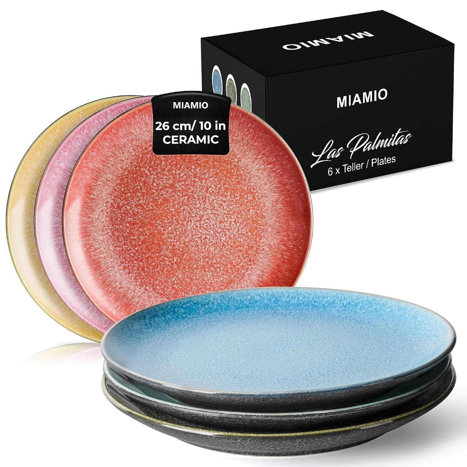 MIAMIO – Set of 6, 26 cm Dinner Plates, Ceramic Plates, Kitchen plates, Plate Sets – Microwave Safe, Oven and Dishwasher Safe – Las Palmitas Collection