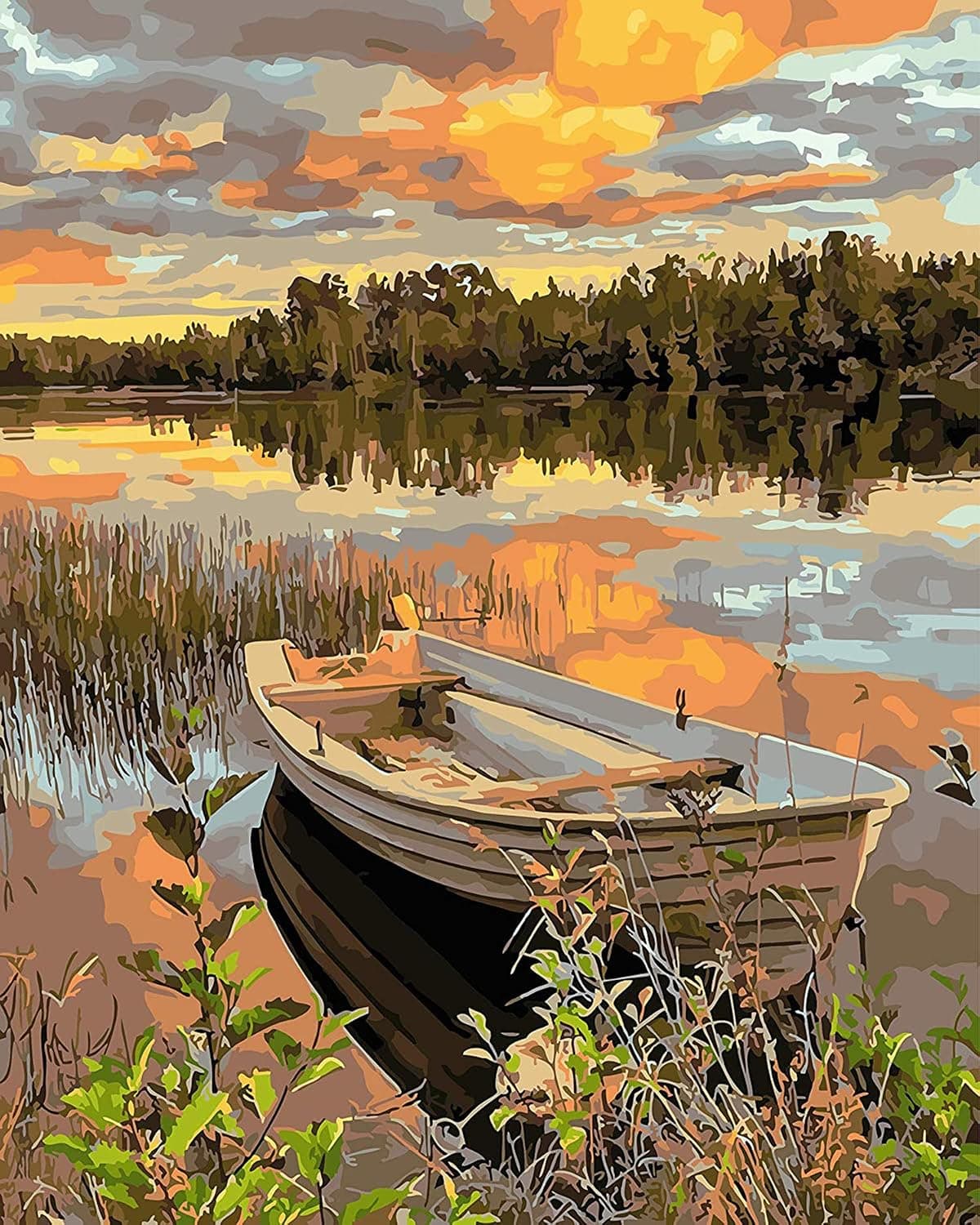 DELFINO DIY Oil Painting Paint by Numbers Kits for Adult Paint Color According to The Numbers on The Canvas 16x20 inch -Lakeside Boat, Drawing with Brushes Christmas Decor (Without Frame)