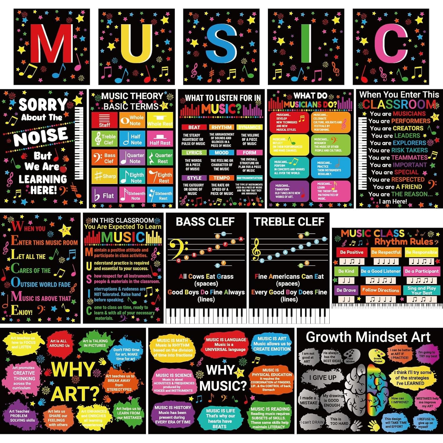 Fankya 18PCS Music Posters for Classroom Educational Posters Music Note Rhythm Rules Bulletin Board Decorations for Primary Elementary Middle High School Wall Art Teacher Supplies