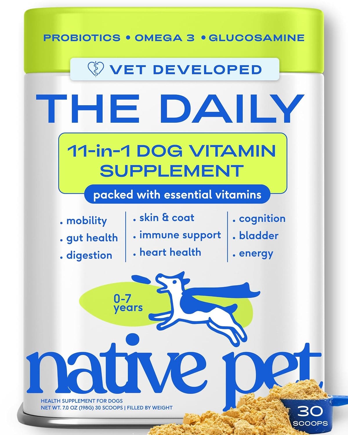 Native Pet The Daily Dog Supplement - 11 in 1 Dog Multivitamin - Tasty Scoop with Dog Vitamins and Supplements - Super Multi Vitamin for Dog - 12 Active Ingredients (7 oz.)
