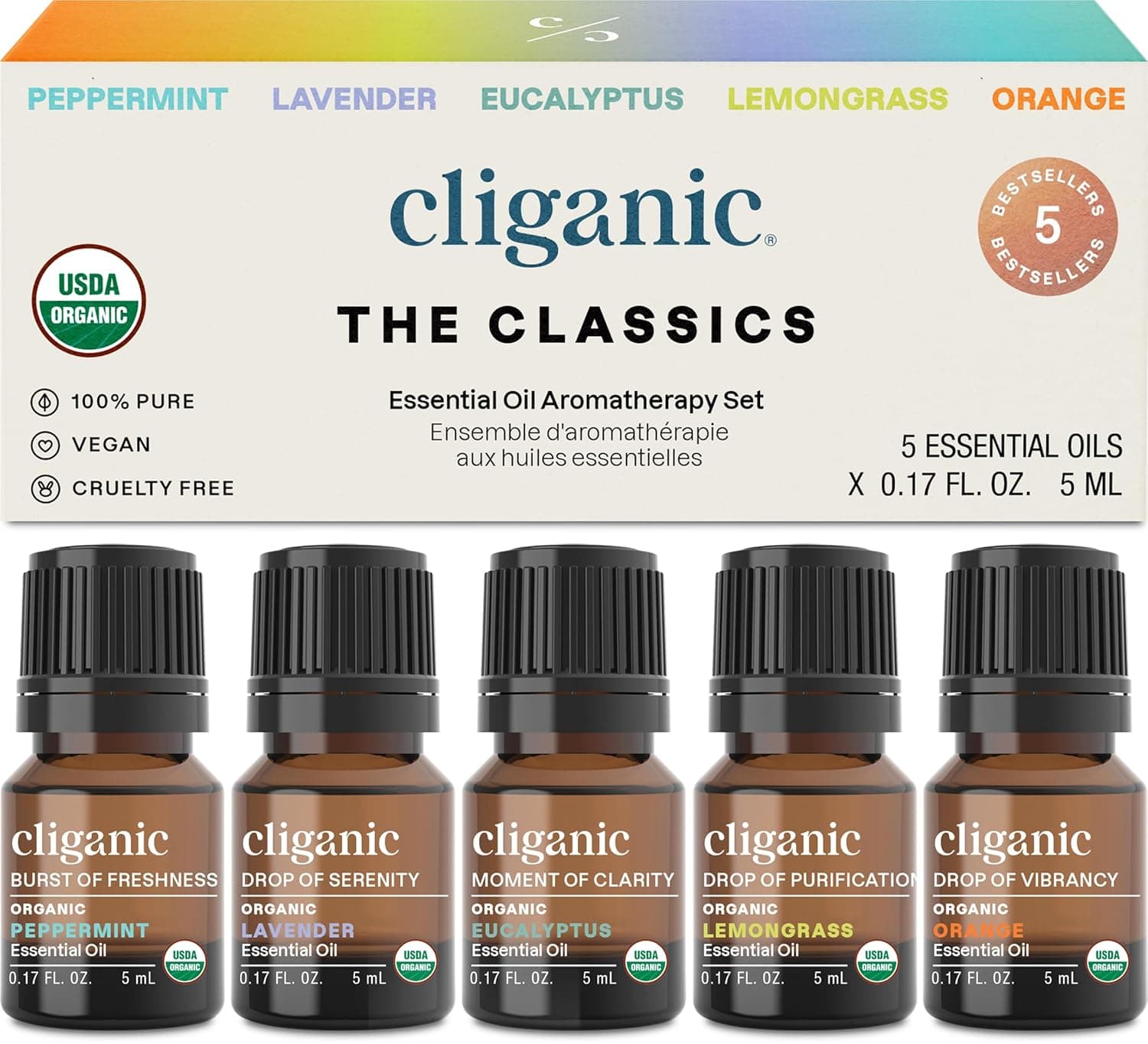 مجموعة زيوت عطرية عضوية من كليغانك للعلاج العطري (افضل 5 انواع) بتركيبة طبيعية نقية 100% بالنعناع واللافندر والاوكالبتوس وعشب الليمون والبرتقال