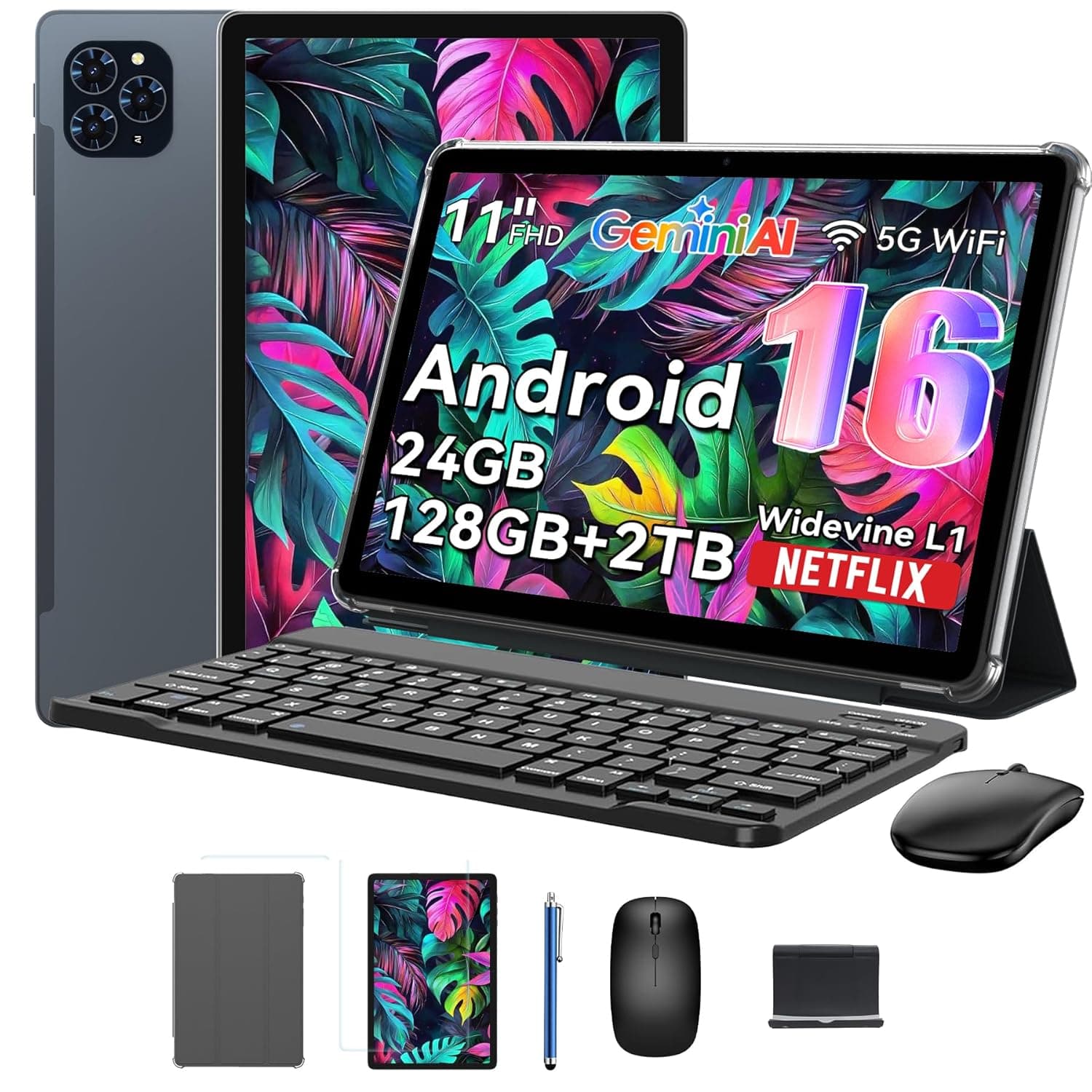 تابلت تابوي T90 اندرويد 16 بشاشة FHD 11 انش وذاكرة RAM 24GB وروم 128GB و2TB TF وكاميرا 13MP و8000mAh وايدفاين L1 وجيميني AI ونظام تحديد المواقع مع كيبورد وقلم