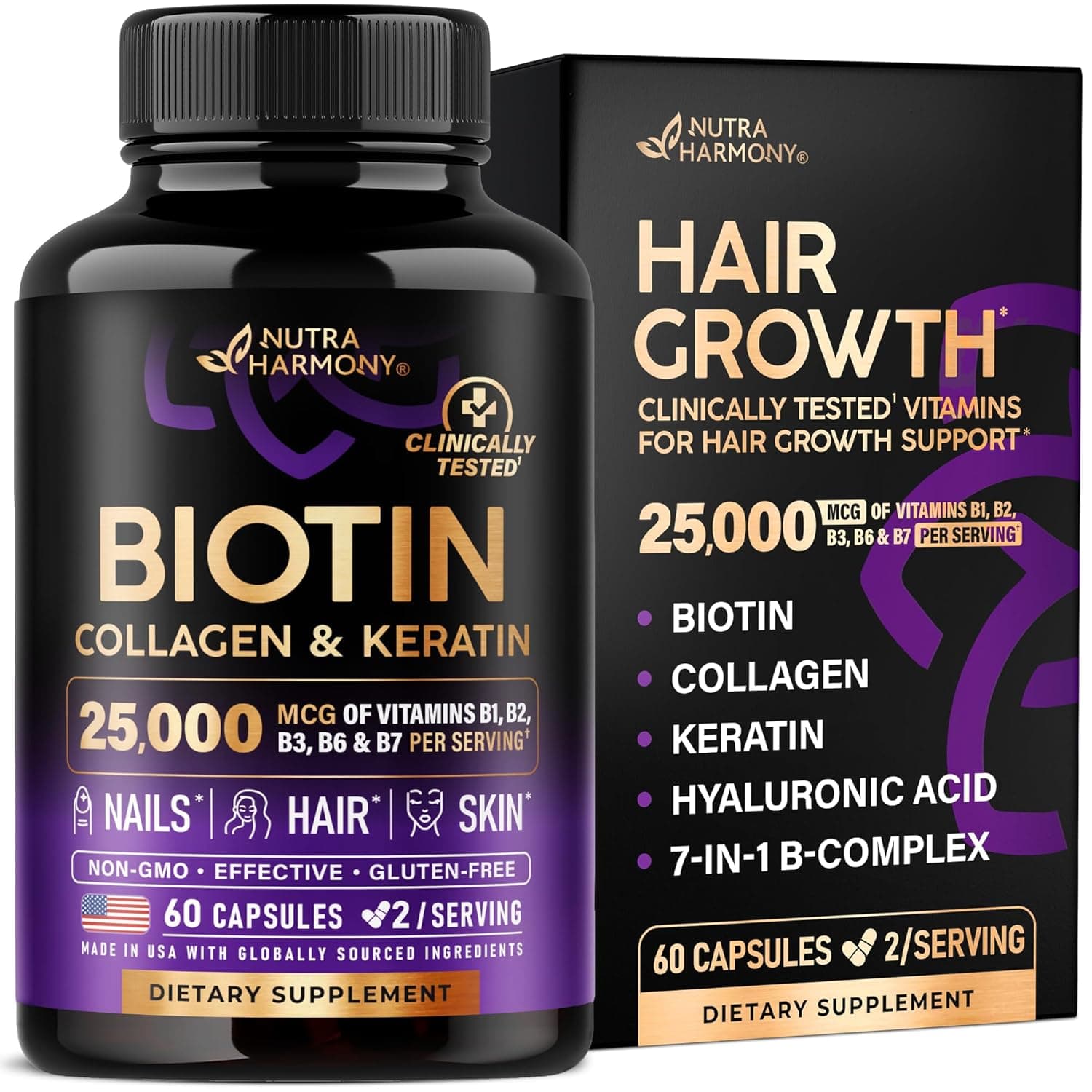 Biotin | Collagen | Keratin | Hyaluronic Acid - Hair Growth Support Supplement | Skin & Nails Beauty Complex 25000 mcg - B1 | B2 | B3 | B6 | B7 - Made in USA - For Women & Men | 60 Capsules