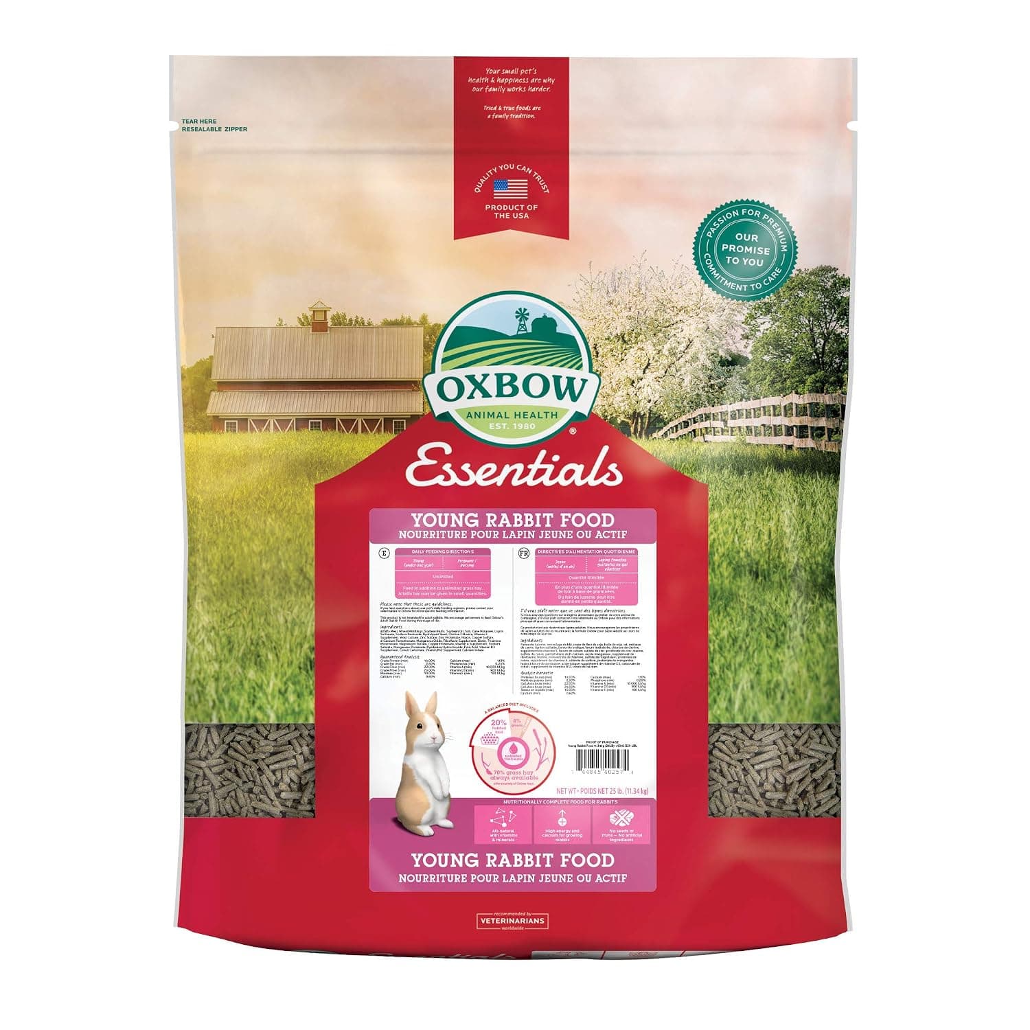 Oxbow Essentials Rabbit Food, Young, Made Alfalfa for Rabbit, Pet Pellets with Vitamins & Minerals, Small Animal Pet Products, Bunny Food, Made in USA, High Fiber, 25 lb. Bulk Bag | Bunny Food for Young Rabbits, Made with High Fiber Oxbow Hay, Vitamins & Minerals, Uniform, Prevents Selective Feeding