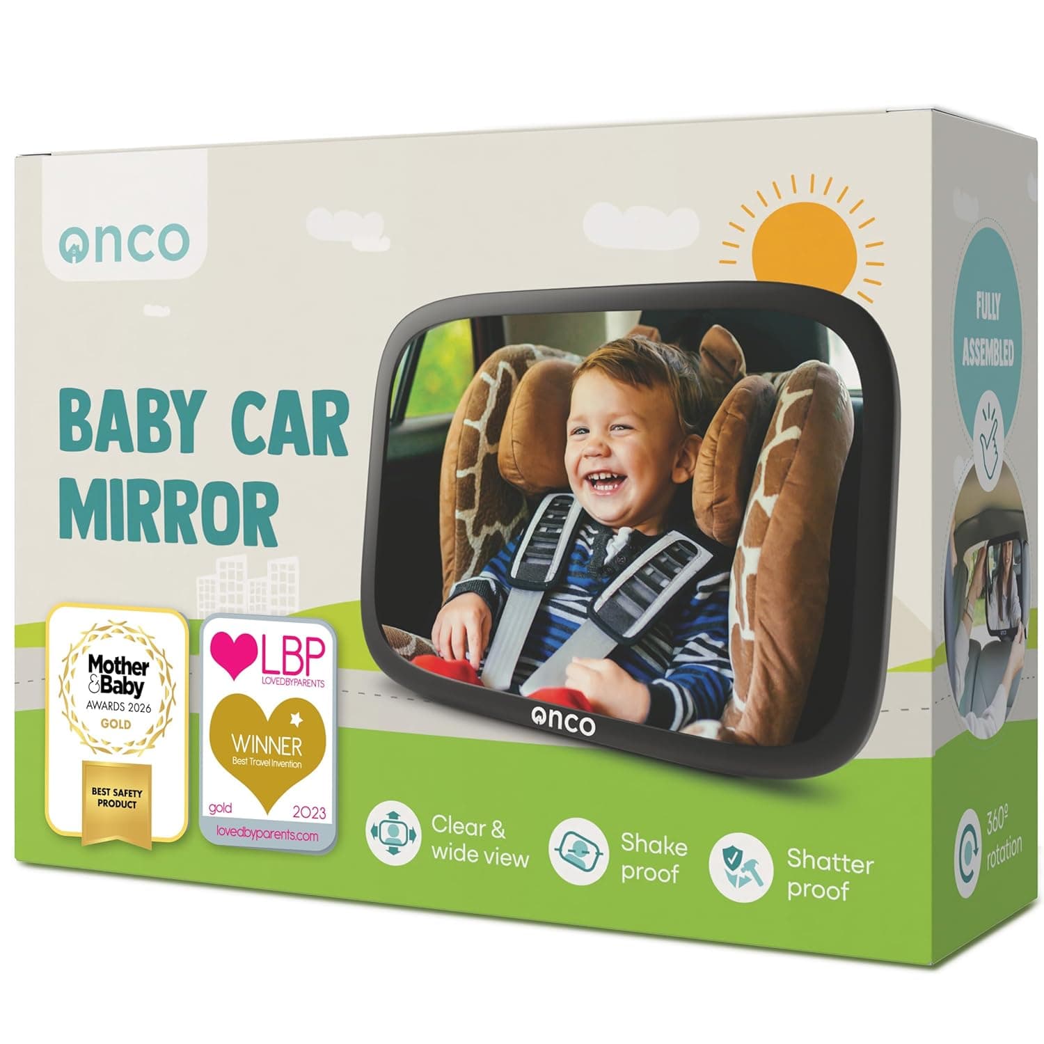 Onco 360° Baby Car Mirror - 2025 Comparison Winner, 100% Shatterproof & Non-Slip, 2024 & 2023 Award Winning, Clear Field of View, Mirror Car Baby Rear Seat (17.5 x 24.5 cm)