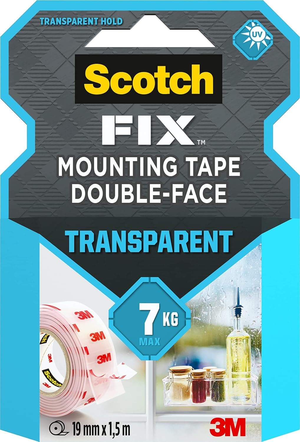 Scotch Mount Transparent Tape 19mm x 1.5m, 1 roll/pack | Holds up 1 kg. per 20cm | Clear color | Good Strength | Multiple Applications | Multi-Surface | No Tools | Double Sided Adhesive Tape