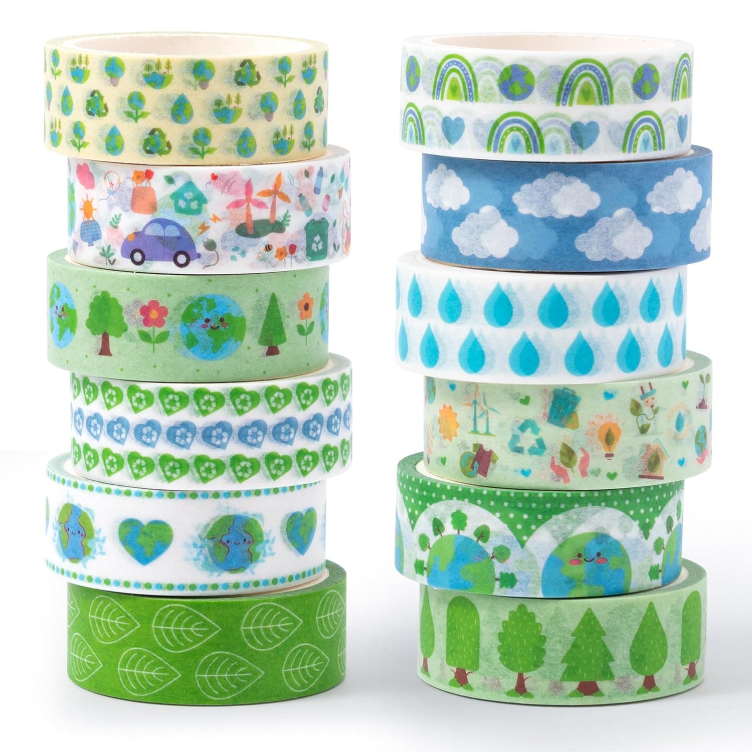 Earth Day Washi Tape - 12 Rolls Eco-Friendly Tree Raindrop Rainbow Designs for Sustainable Crafts, Journal Scrapbooking, Gift Wrapping & Journaling Green Office Decor Environmental Education