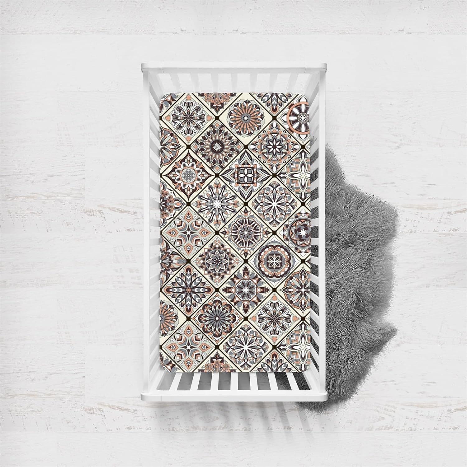 Morbuy Cot Bed Fitted Sheets, Bohemian Style Soft Cot Sheets, Cot Sheets with Elasticated Corners Crib Sheets for Girls and Boys (Grey, 45 x 90 cm)