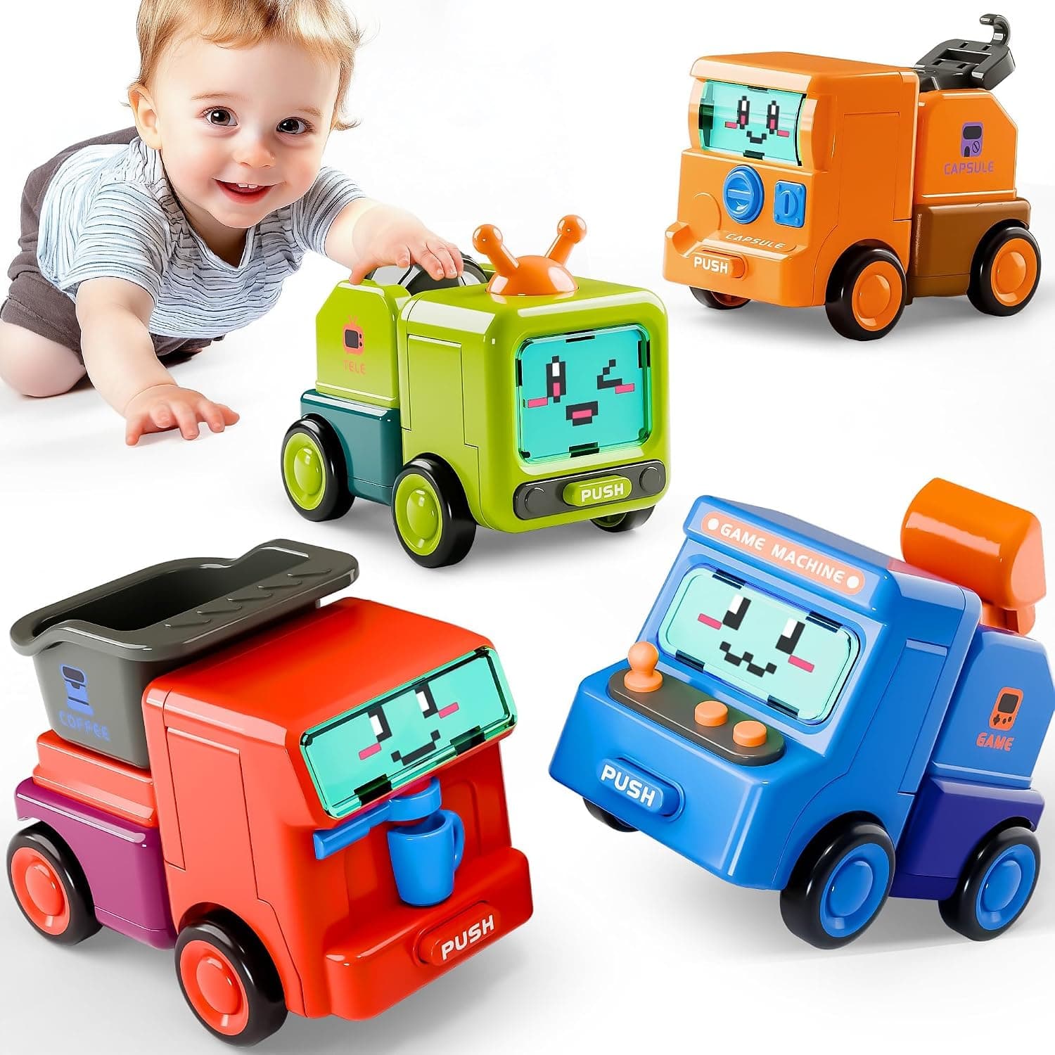 Construction Push Go Car Toys for Toddlers, 4 Pack 2 In 1 Kids Robot Racing Cars, Infant Play Vehicle Set, Mini Pull Back Push Go Friction Car, 3-4-5-6 Years Old Boys Cool Birthday Gift - Robot