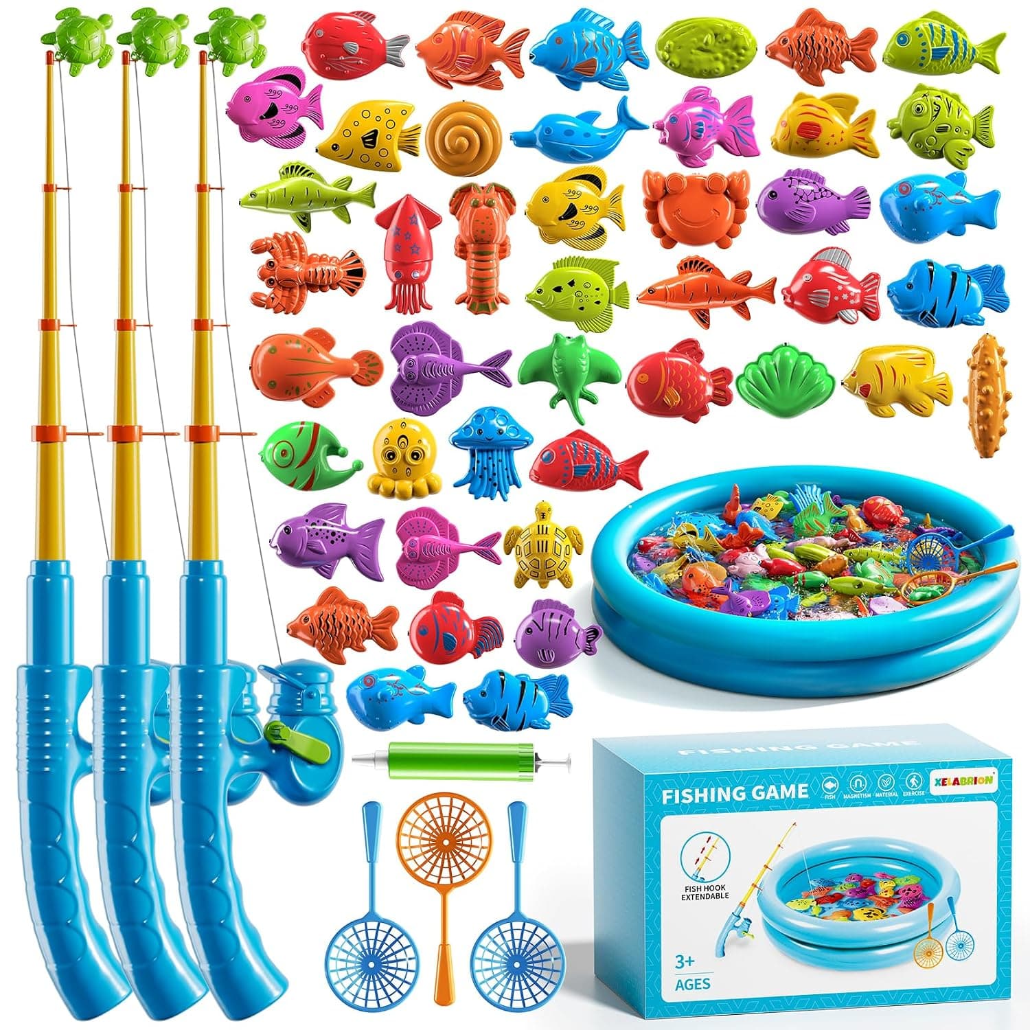 Magnetic Fishing Pool Toy Game Set Bathtub Toy for Toddlers Ages 3–8 | Complete fishing kit with rod, net, floating fish, bath outdoor water playset, educational birthday gift for kids boys girls