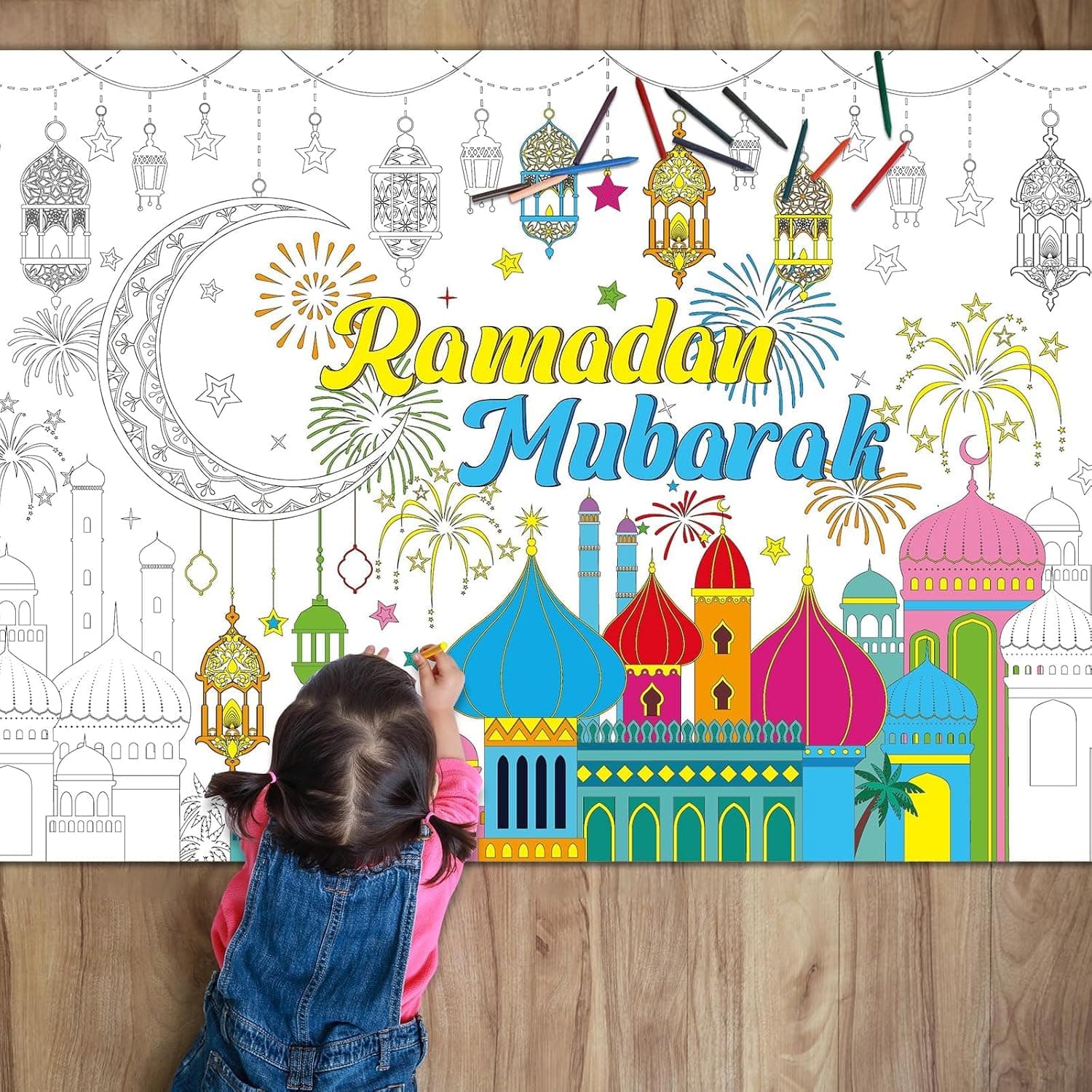 Giant Coloring Poster Ramadan Mubarak Jumbo Coloring Tablecloth Ramadan Kareem Large Coloring Books Eid Sign Huge Paper Banner DIY Drawing for kids Adults Art Craft Home Classroom Party 43.3" x 31.5"